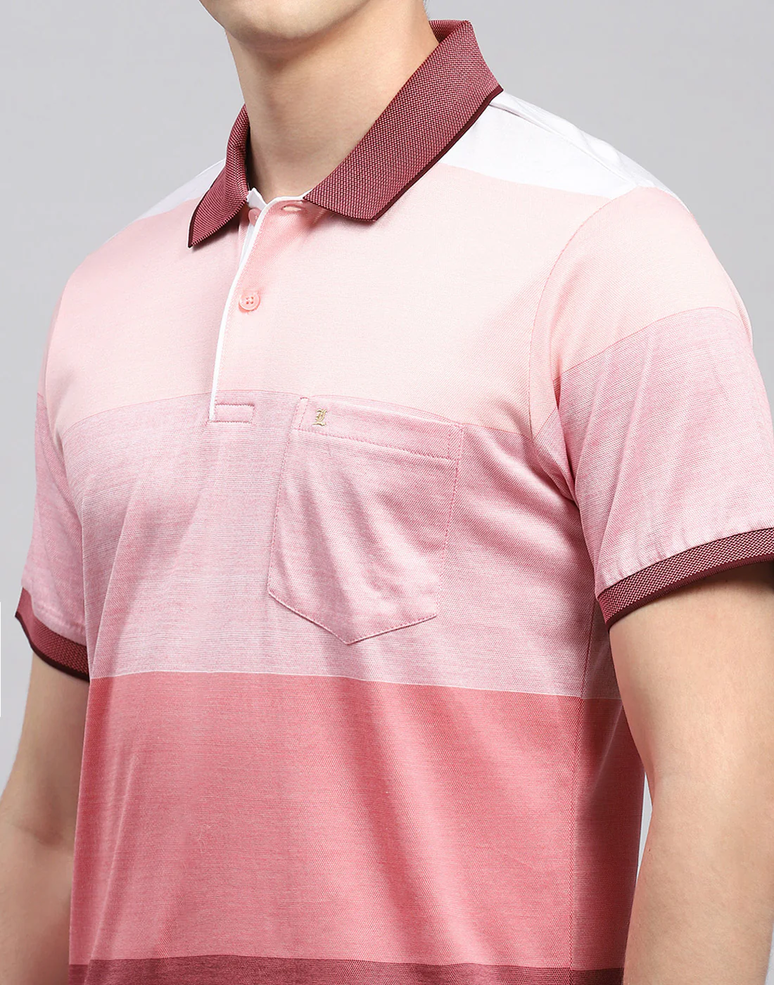 Men Pink Stripe Polo Collar Half Sleeve T-Shirt - Image 6