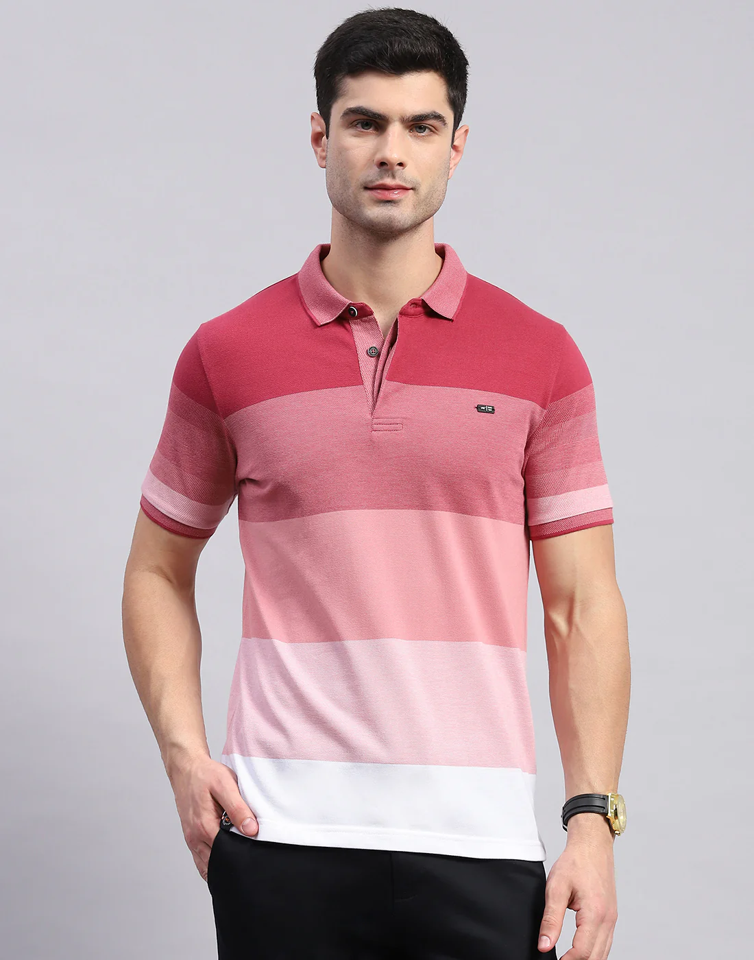 Men Pink Stripe Polo Collar Half Sleeve T-Shirt - Image 3