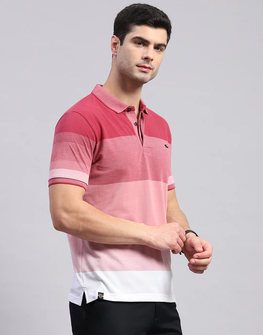 Men Pink Stripe Polo Collar Half Sleeve T-Shirt - Image 5