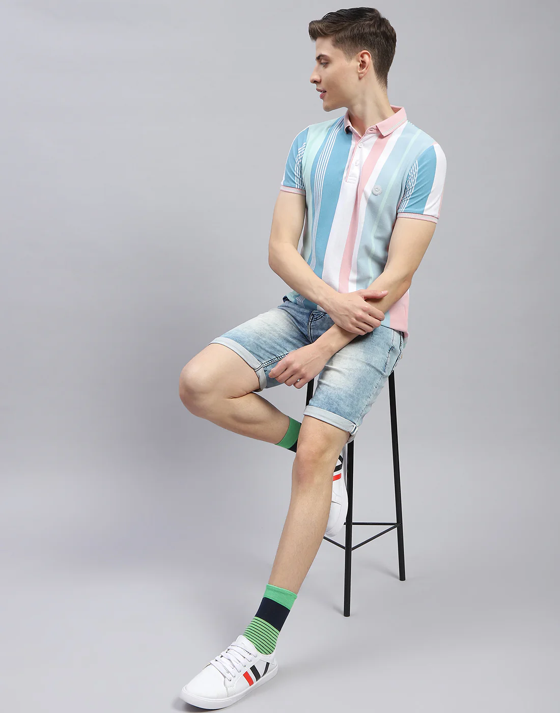 Men Pink Stripe Polo Collar Half Sleeve T-Shirt