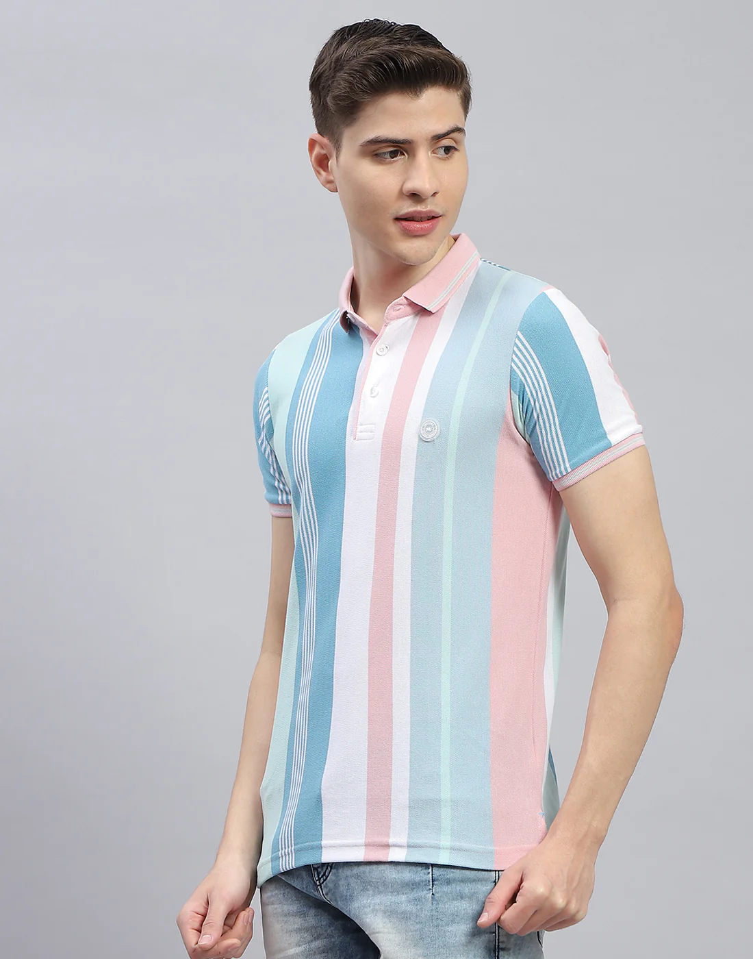 Men Pink Stripe Polo Collar Half Sleeve T-Shirt - Image 3