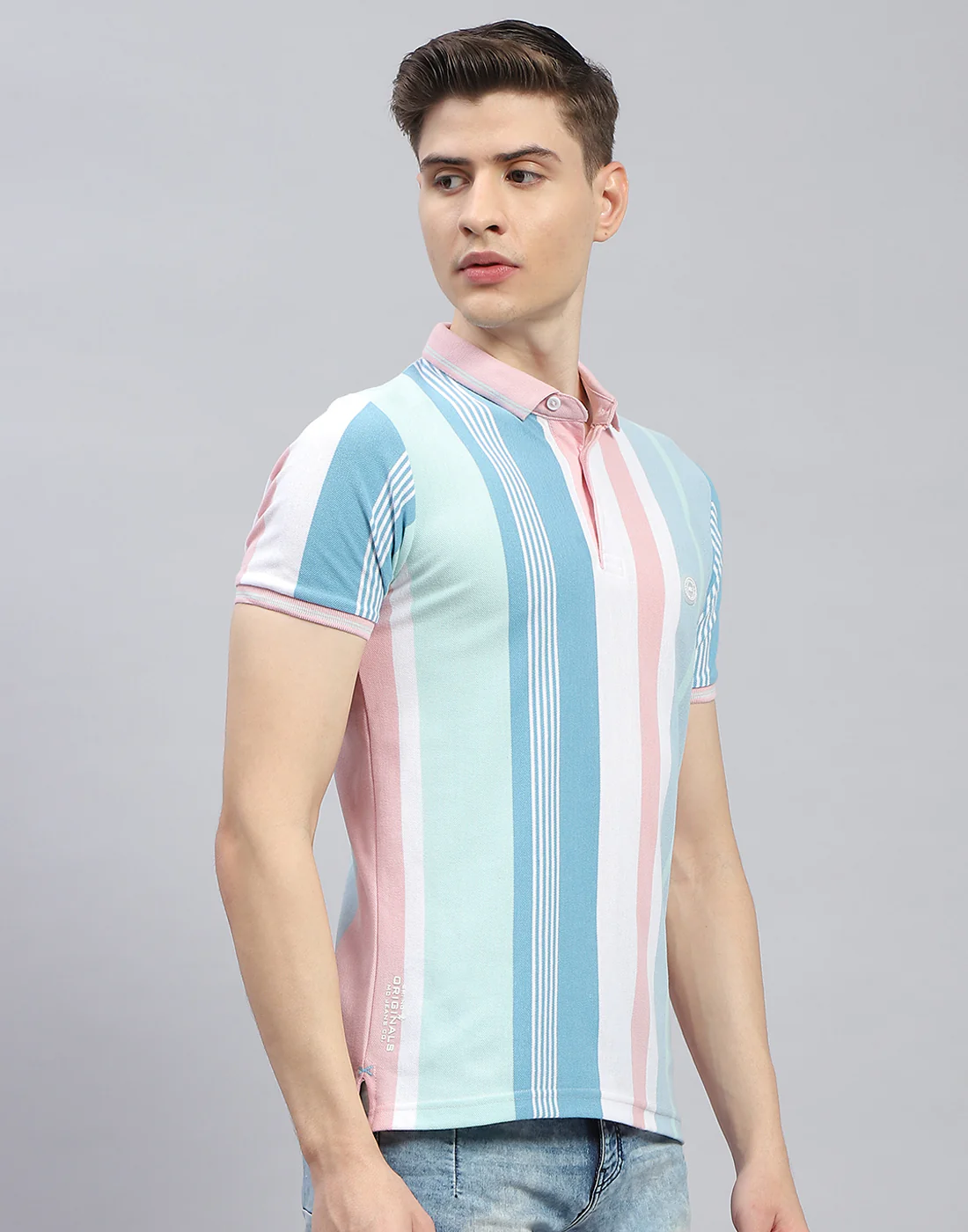 Men Pink Stripe Polo Collar Half Sleeve T-Shirt - Image 4