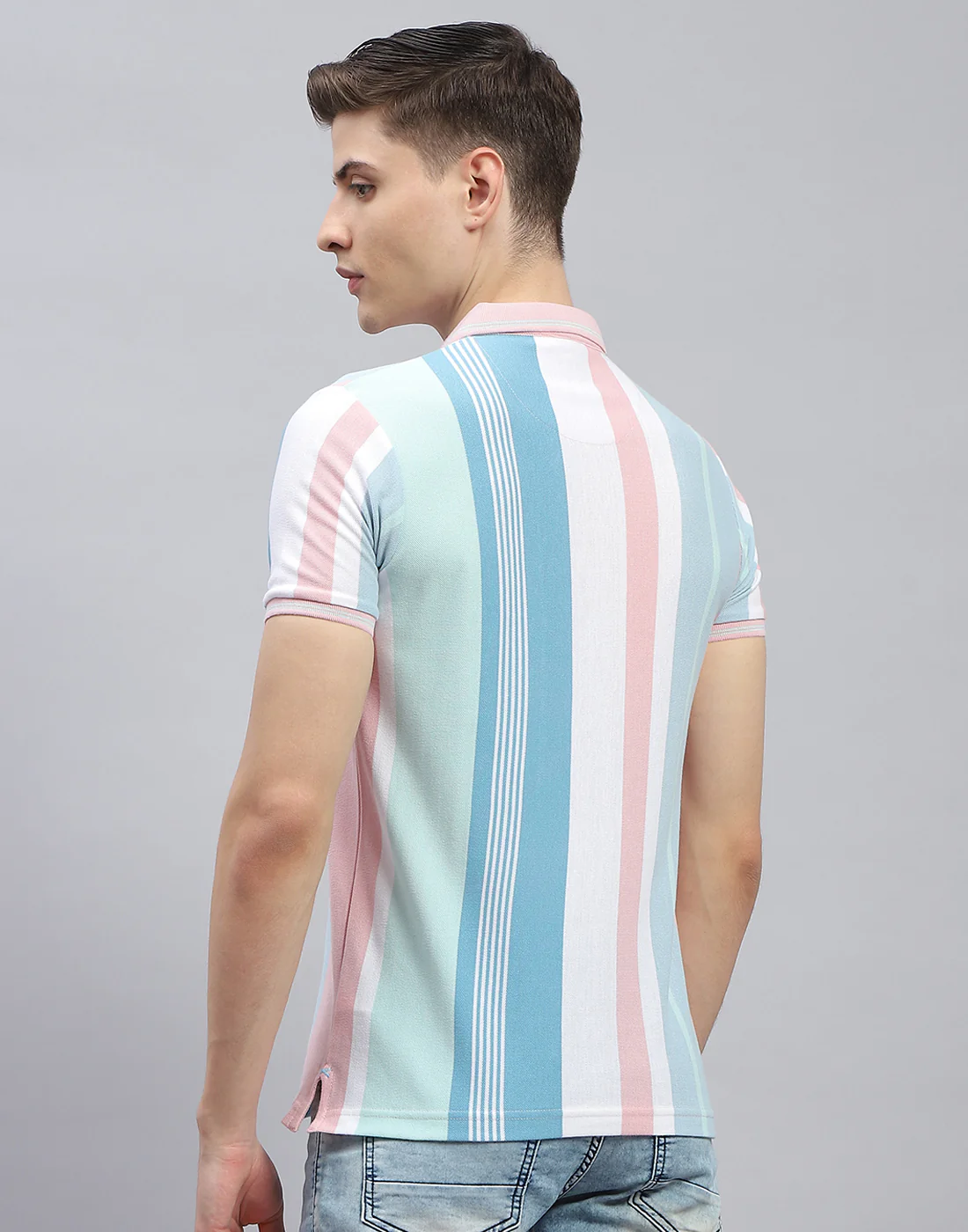 Men Pink Stripe Polo Collar Half Sleeve T-Shirt - Image 5