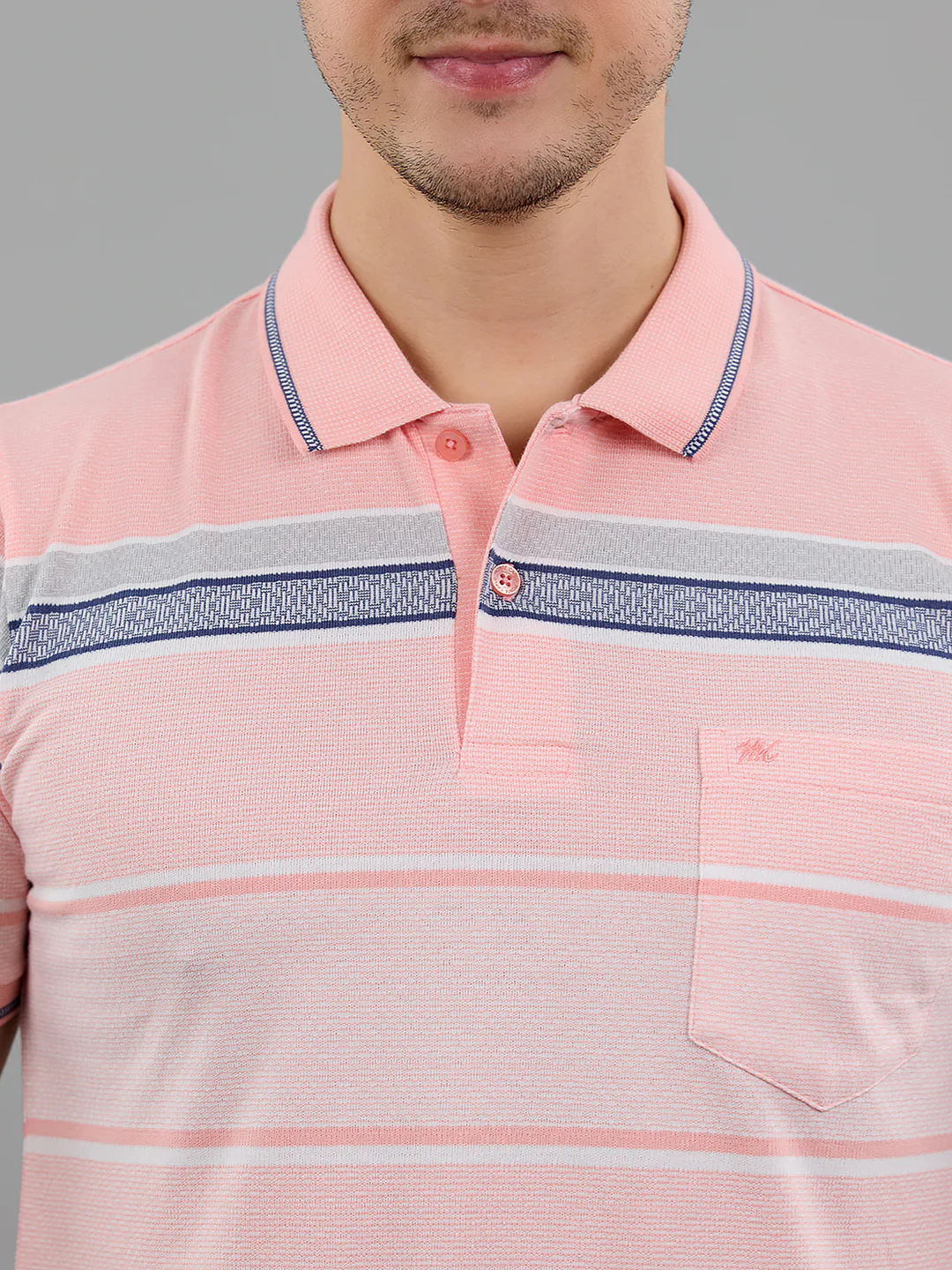 Men Pink Stripe Polo Collar Half Sleeve T-Shirt - Image 4