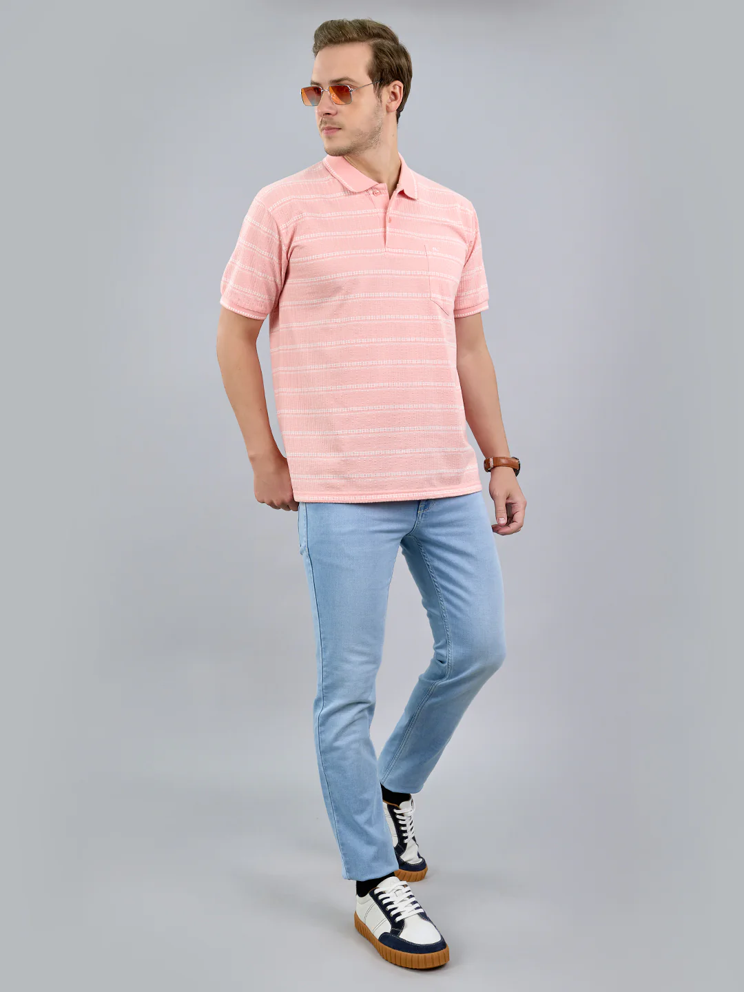 Men Pink Stripe Polo Collar Half Sleeve T-Shirt - Image 6