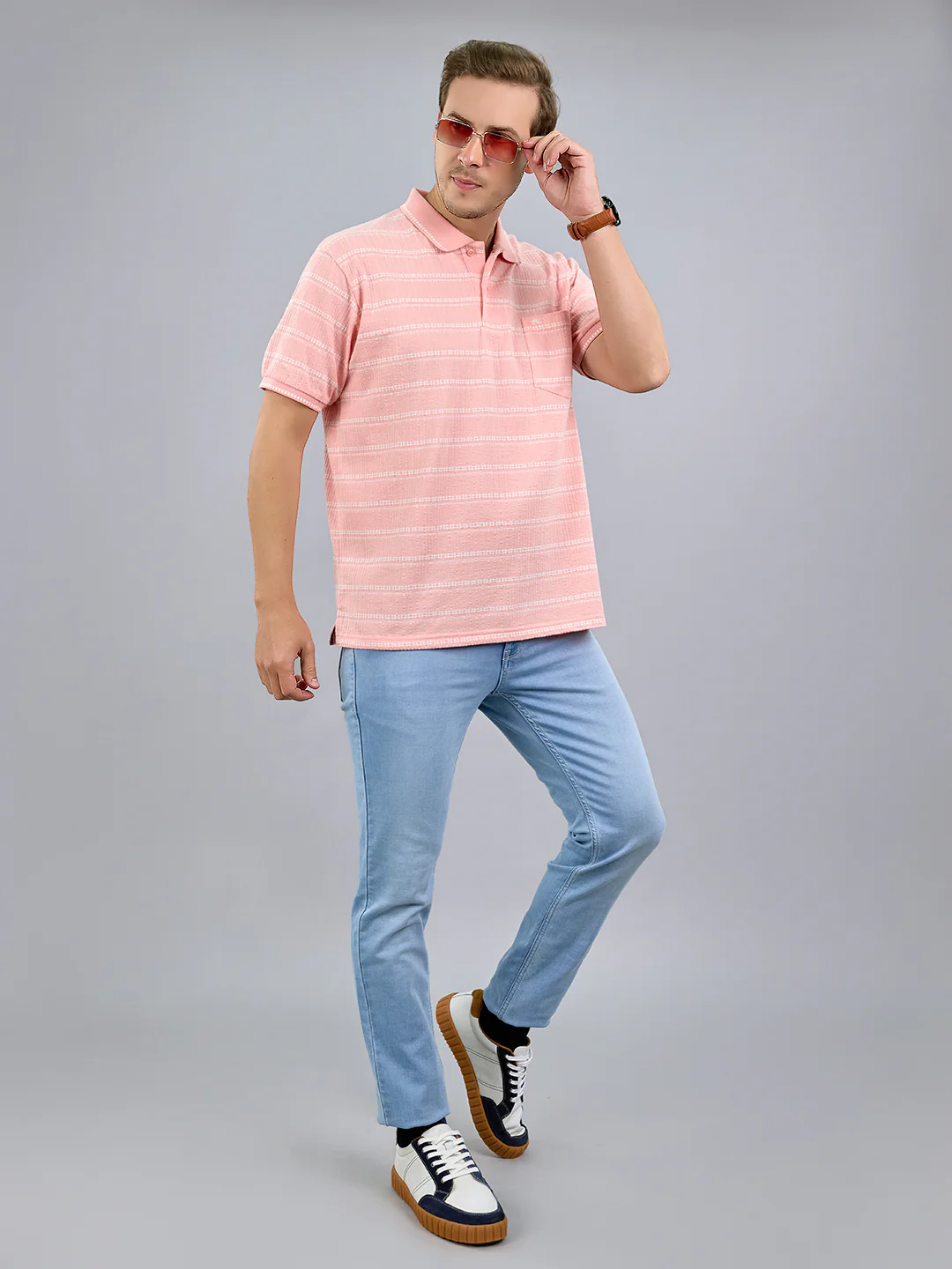 Men Pink Stripe Polo Collar Half Sleeve T-Shirt - Image 7