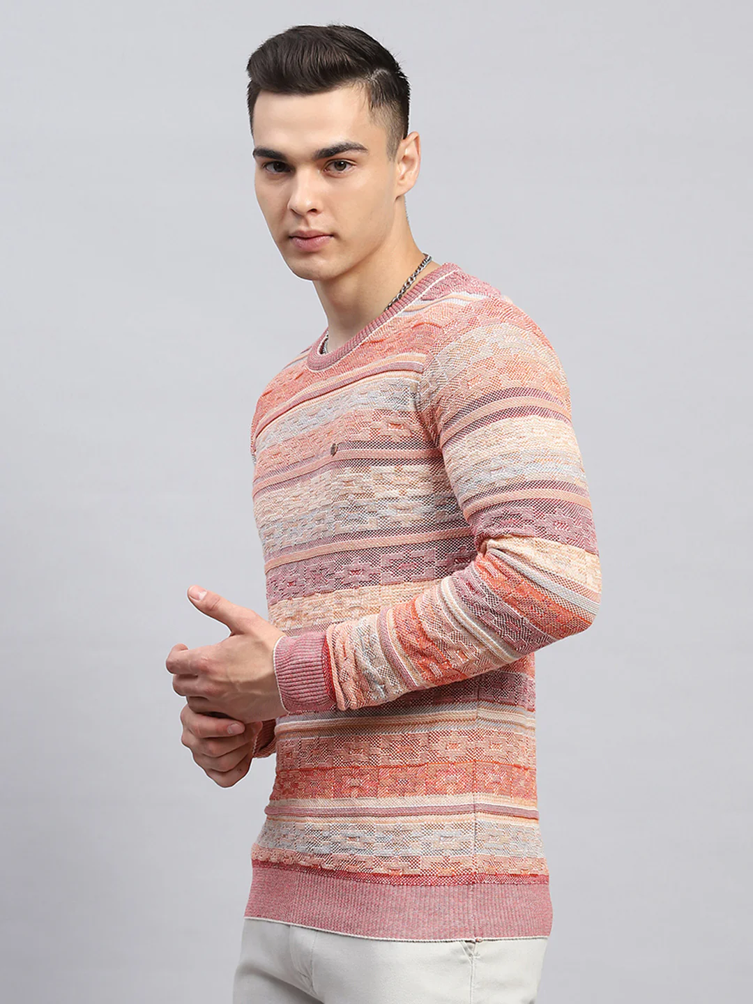 Men Pink Stripe Round Neck Full Sleeve Pullover - Image 3