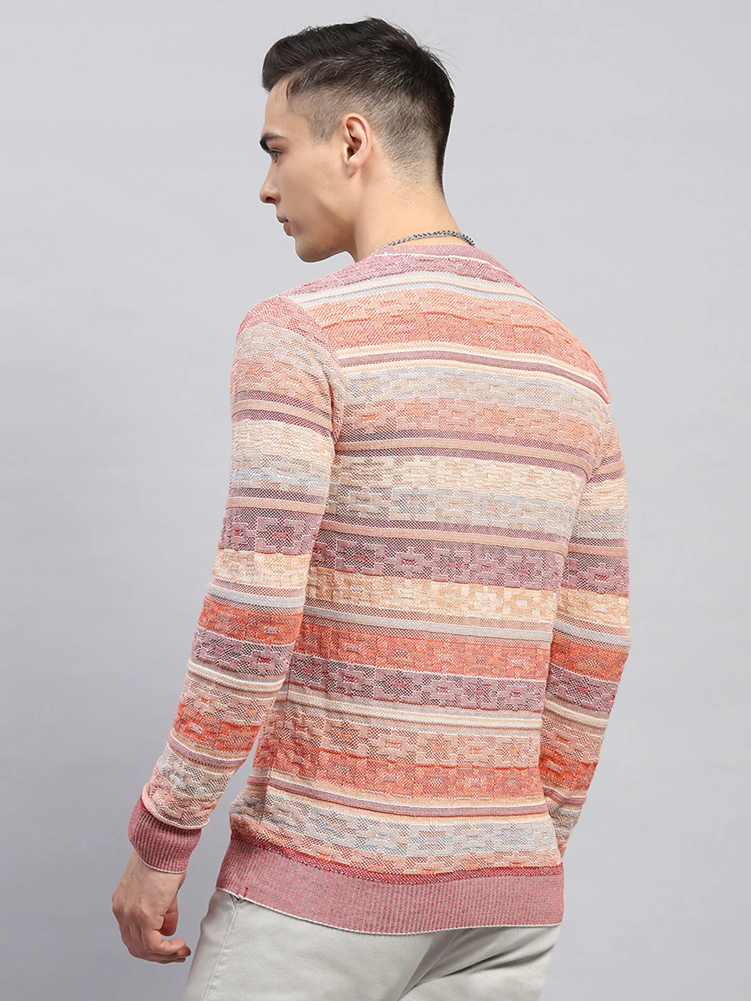 Men Pink Stripe Round Neck Full Sleeve Pullover - Image 5