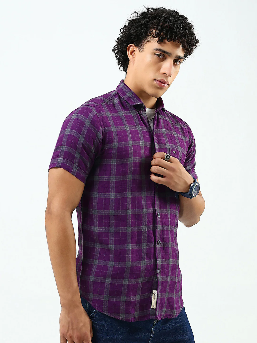 Men Purple Check Collar Half Sleeve Linen Shirt - Image 4
