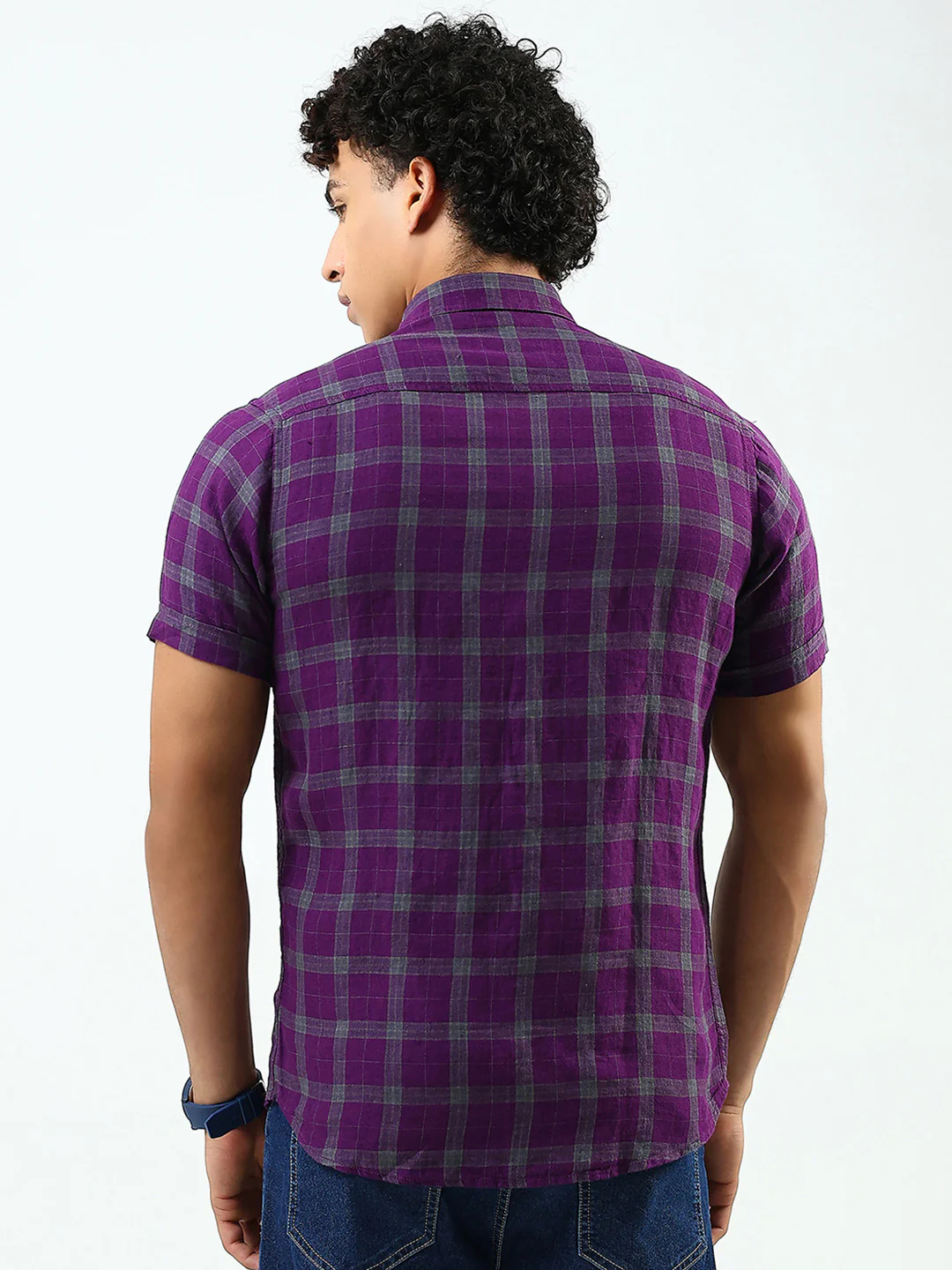 Men Purple Check Collar Half Sleeve Linen Shirt - Image 5