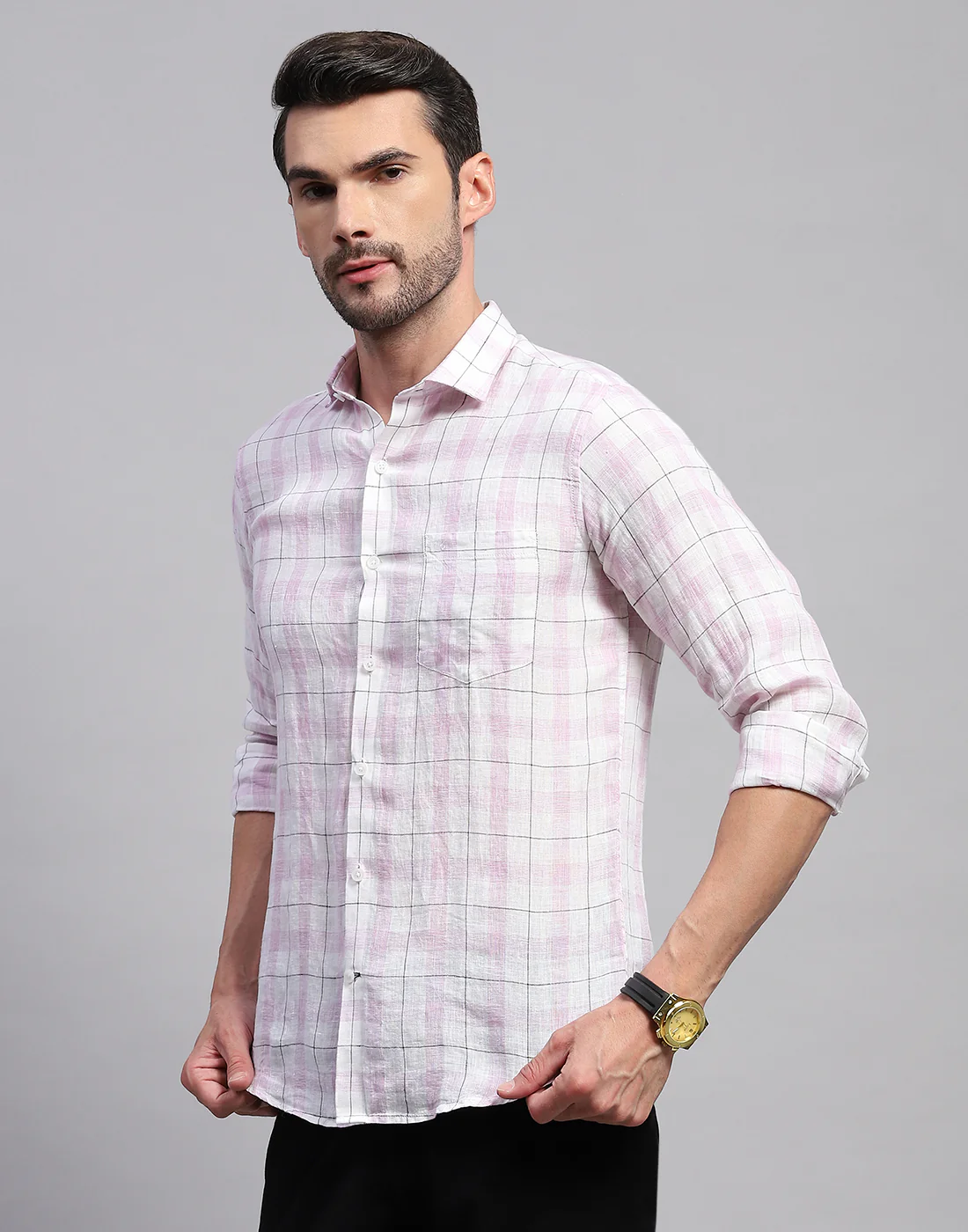 Men Purple Check Collar Neck Full Sleeve Linen Shirt - Image 3