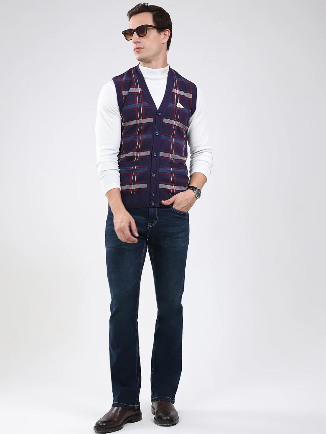 Men Purple Check V Neck Sleeveless Cardigan - Image 2