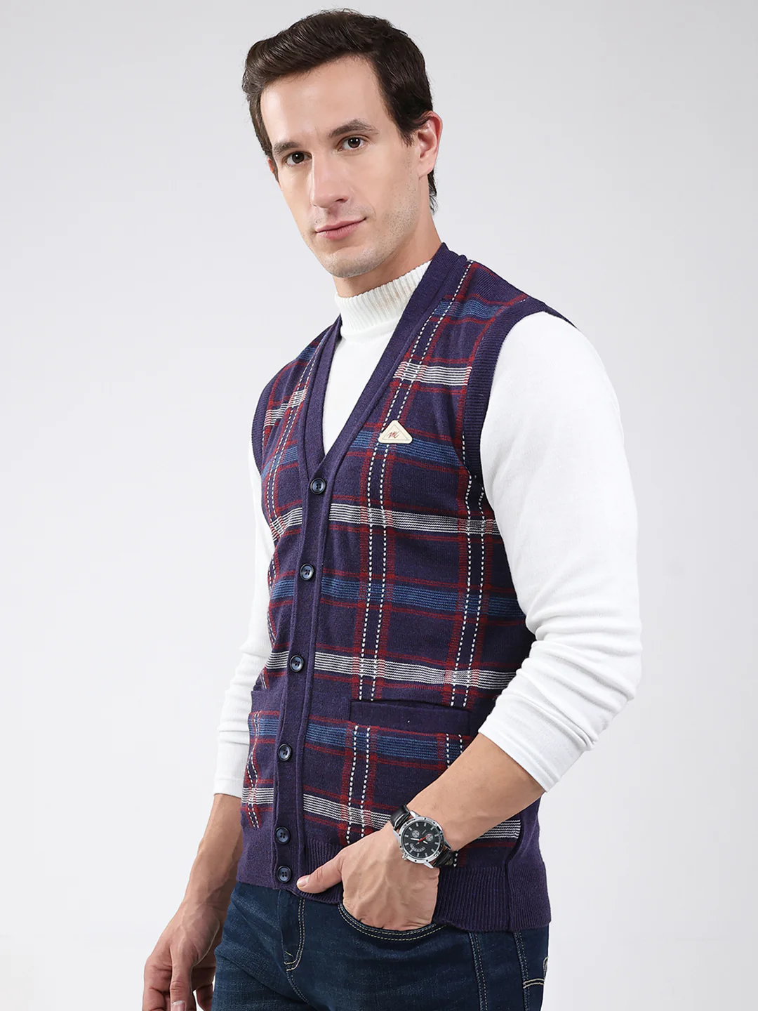 Men Purple Check V Neck Sleeveless Cardigan - Image 3