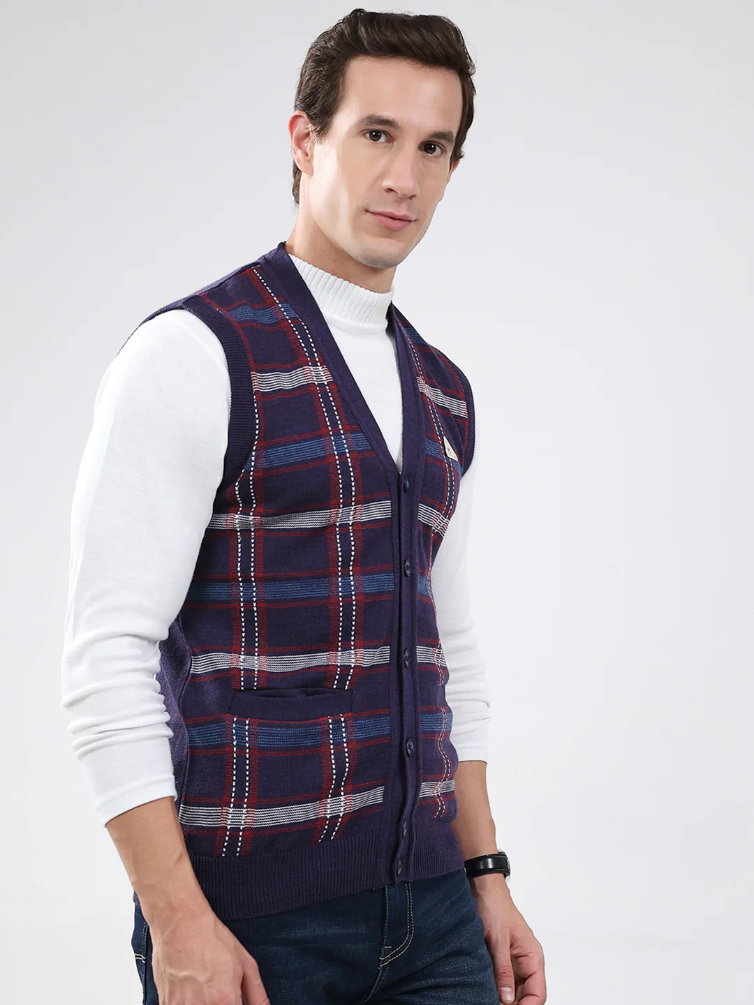 Men Purple Check V Neck Sleeveless Cardigan - Image 4