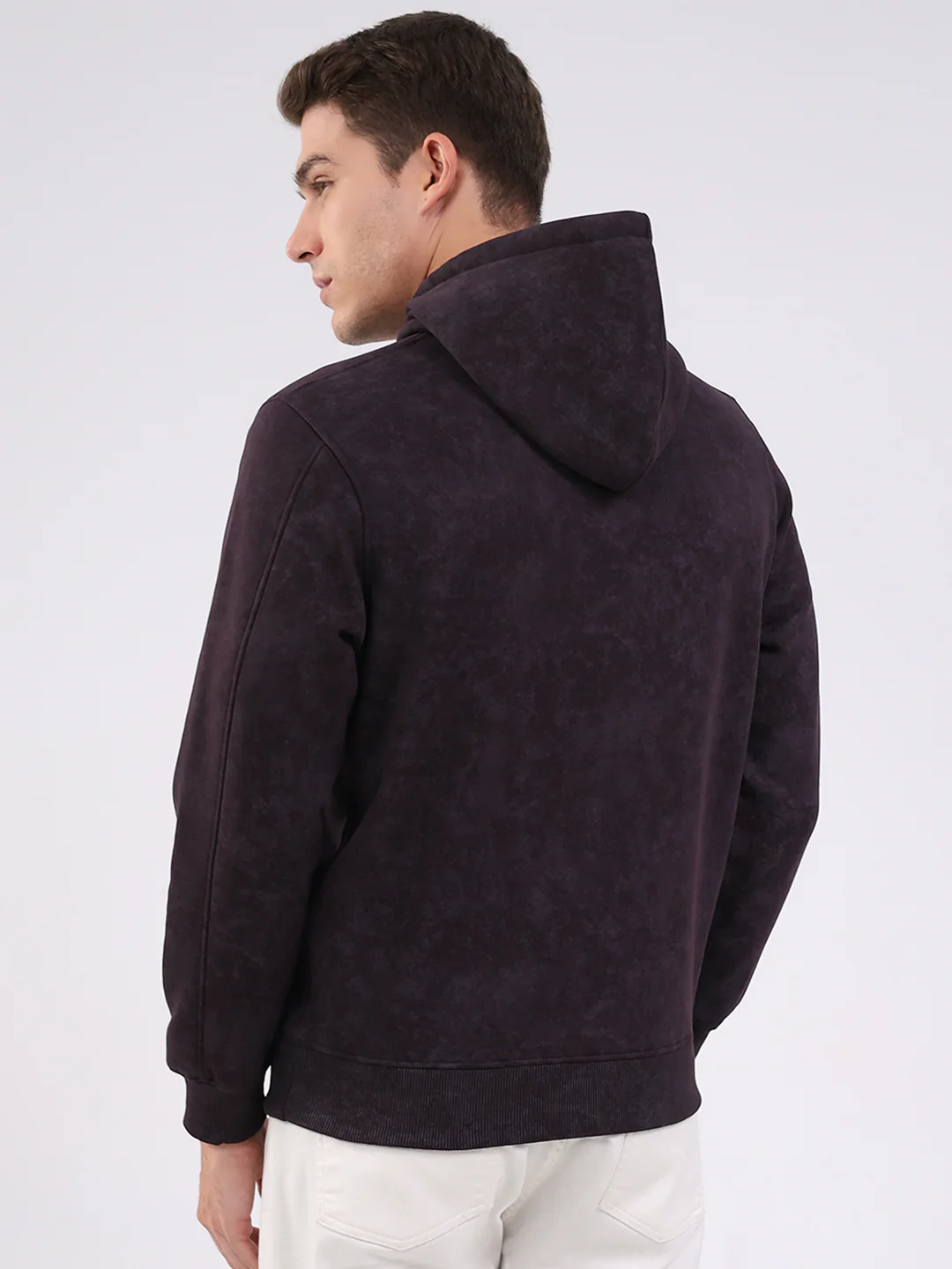 Men Purple Printed Hooded Full Sleeve Sweatshirt - Image 5