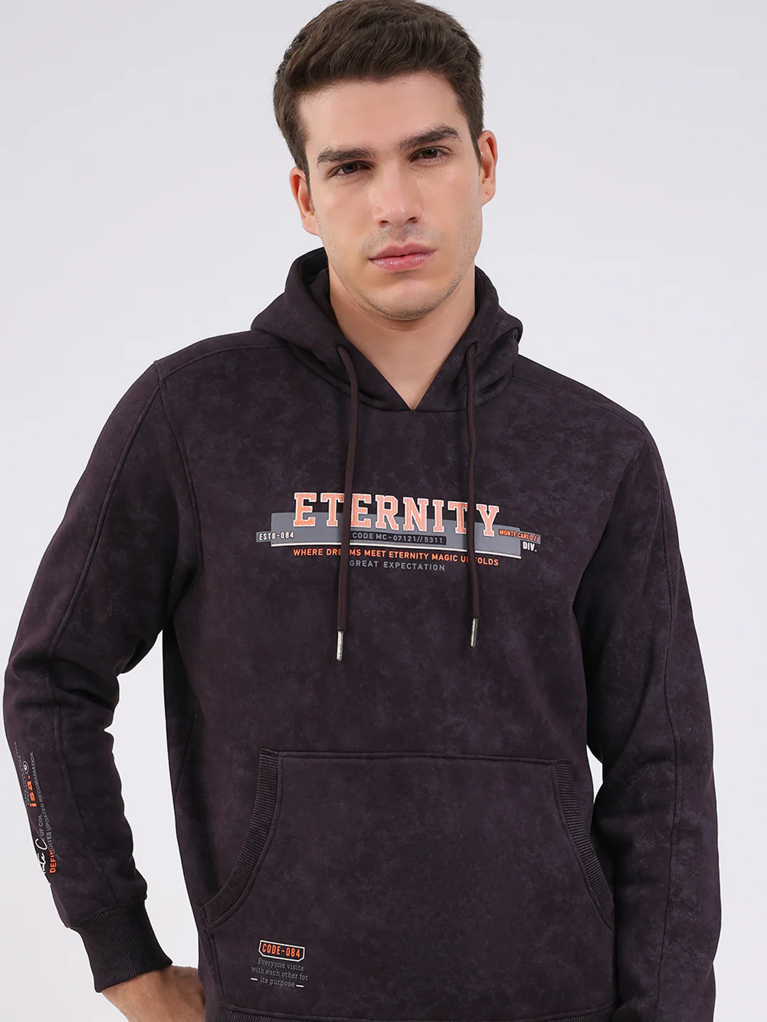 Men Purple Printed Hooded Full Sleeve Sweatshirt - Image 6