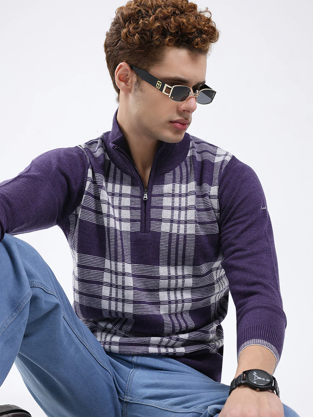 Men Purple Printed Mock Neck Full Sleeve Pullover - Image 6