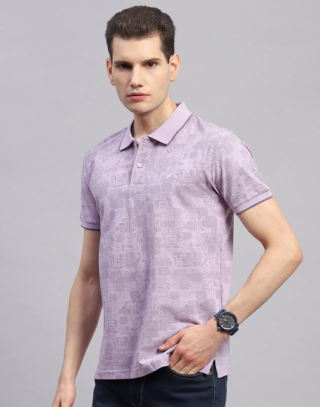 Men Purple Printed Polo Collar Half Sleeve T-Shirt - Image 3