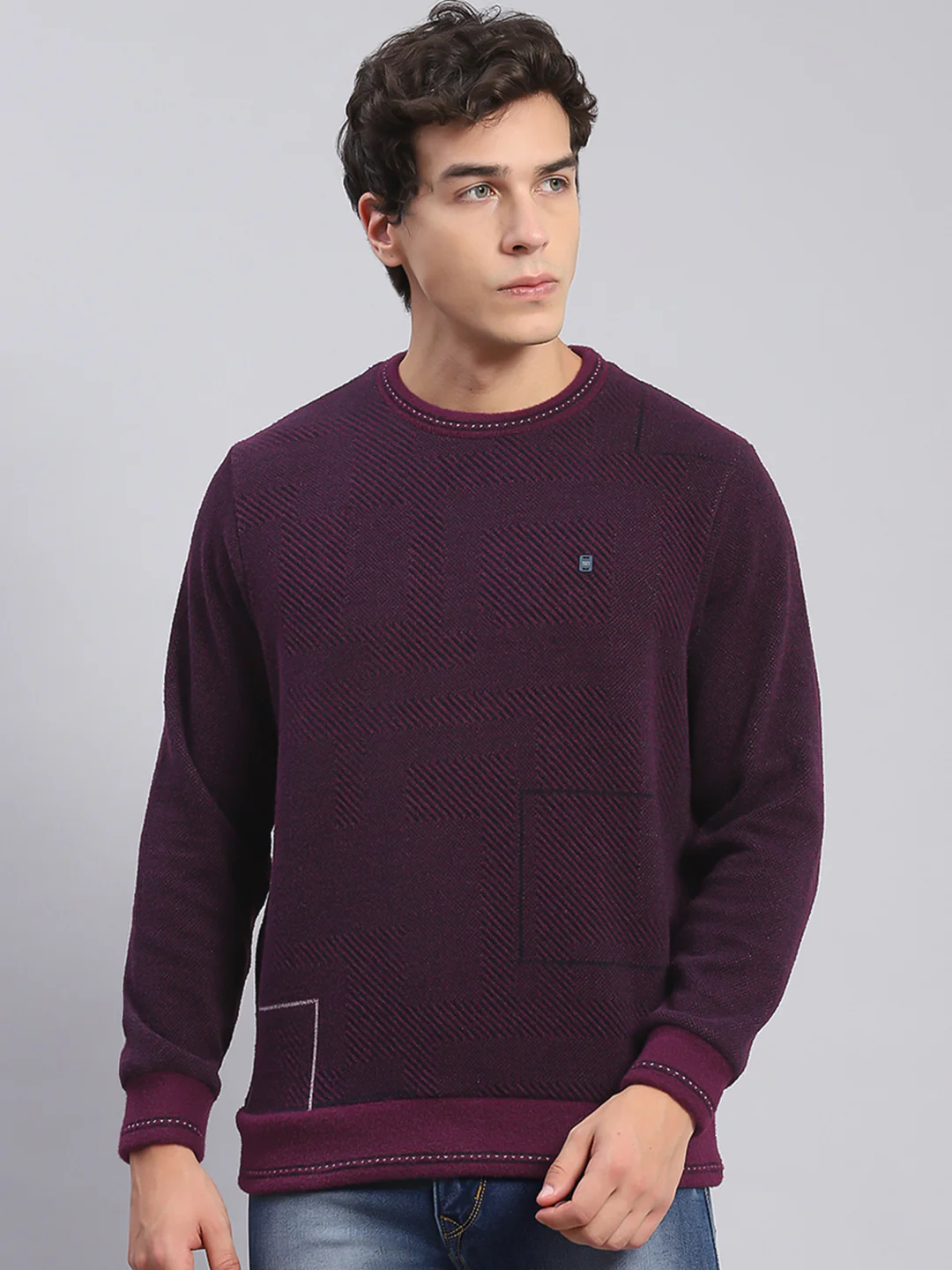 Men Purple Printed Round Neck Full Sleeve Sweatshirts - Image 2