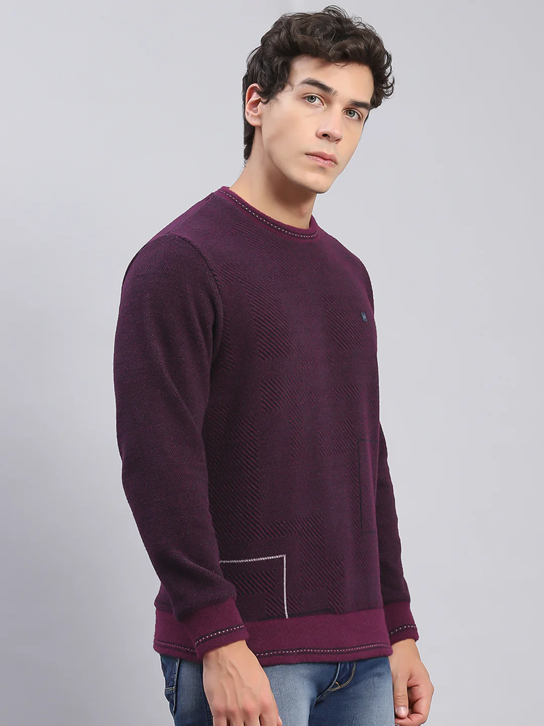 Men Purple Printed Round Neck Full Sleeve Sweatshirts - Image 4