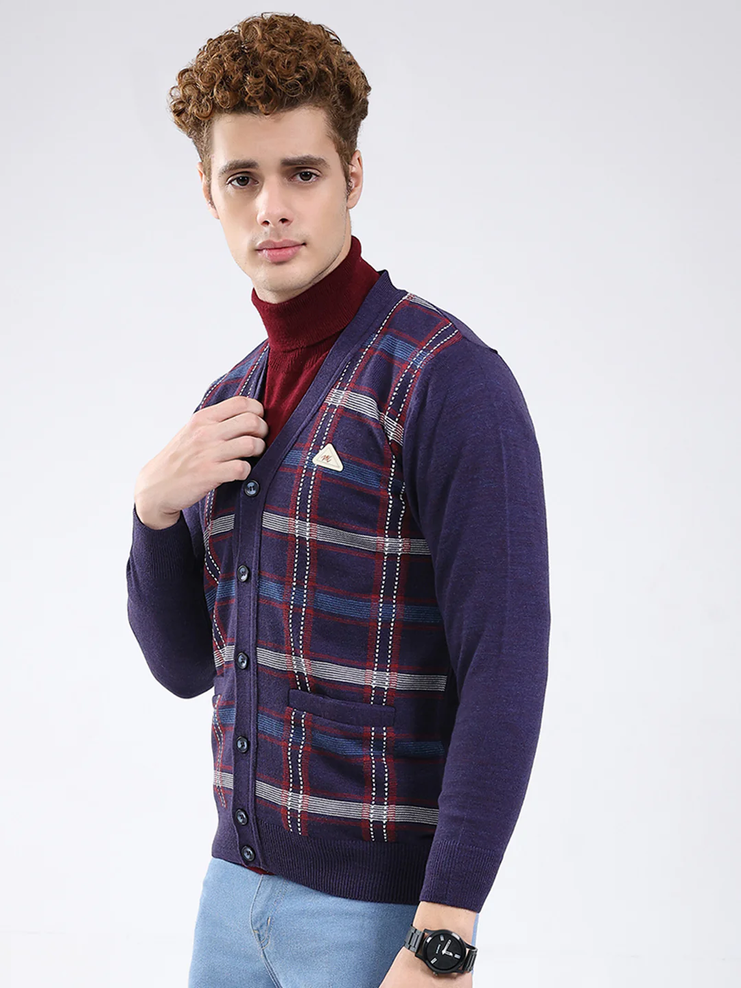 Men Purple Printed V Neck Full Sleeve Cardigan - Image 3