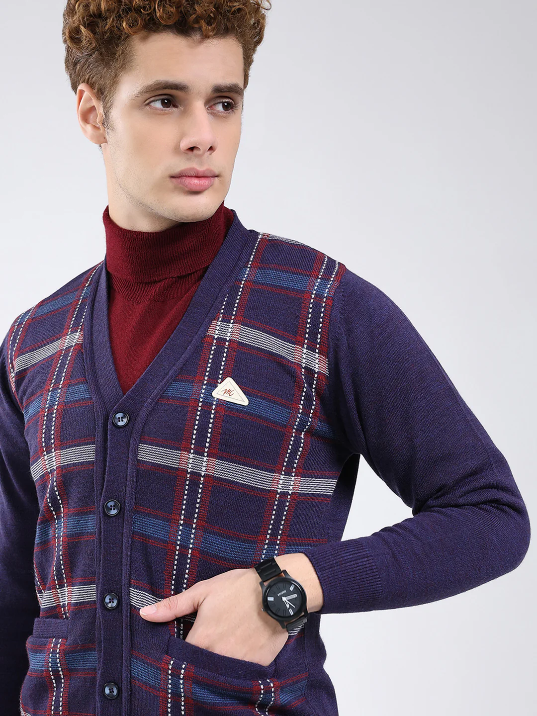 Men Purple Printed V Neck Full Sleeve Cardigan - Image 7