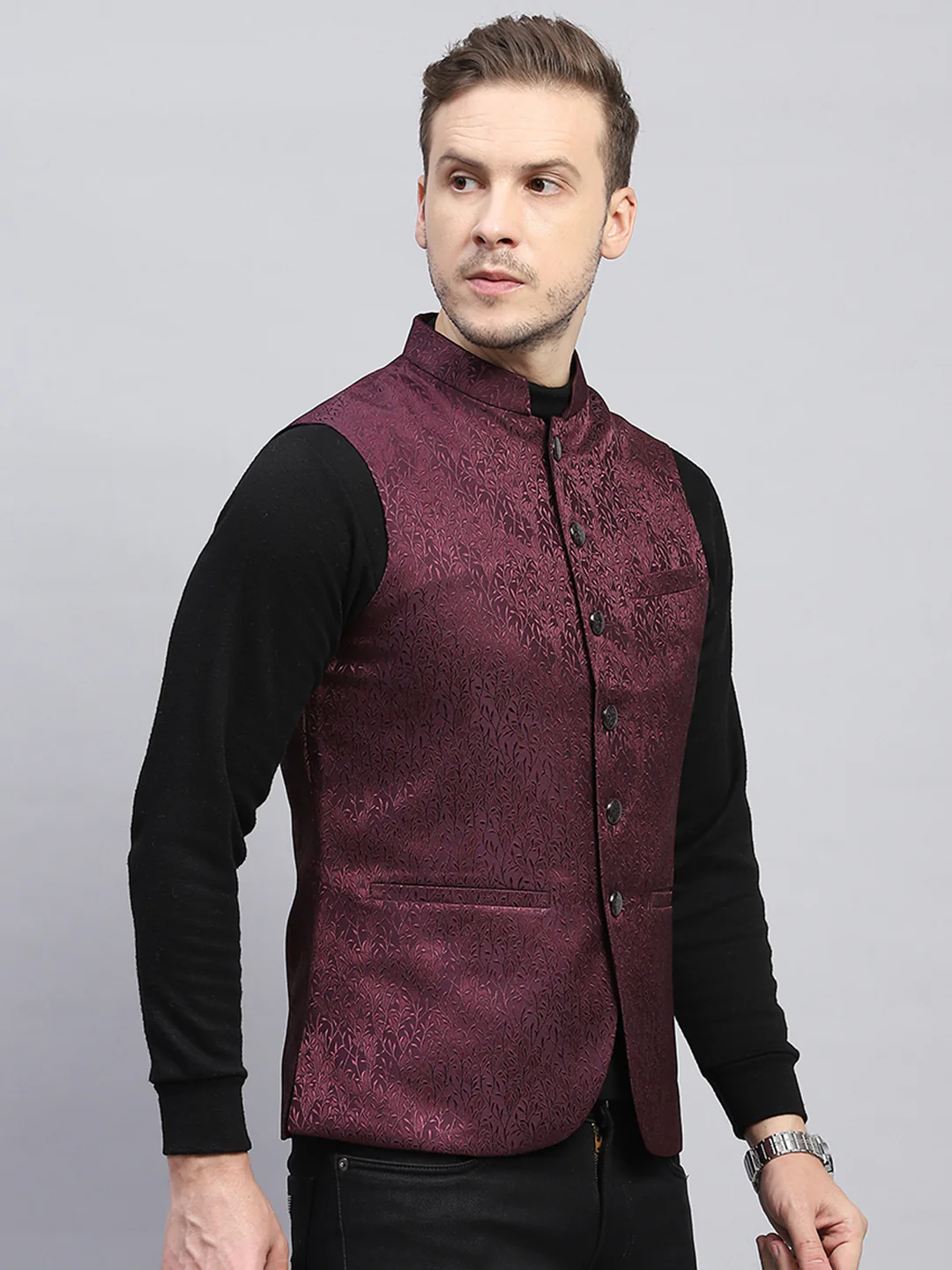 Men Purple Self Design Band Collar Sleeveless Coat - Image 4