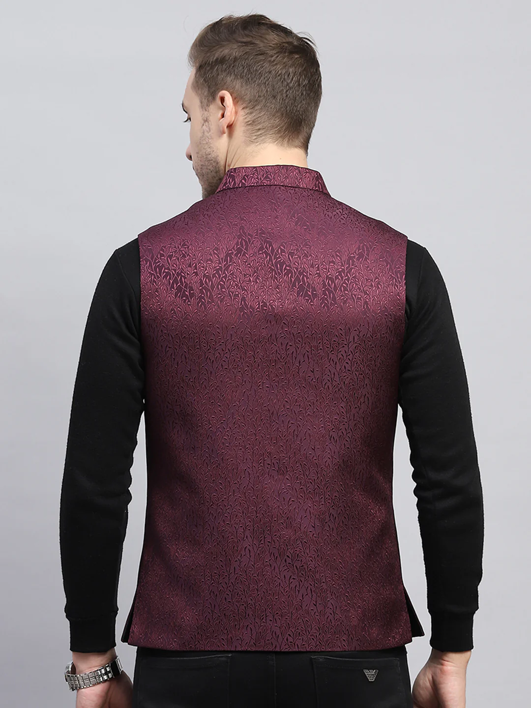 Men Purple Self Design Band Collar Sleeveless Coat - Image 5