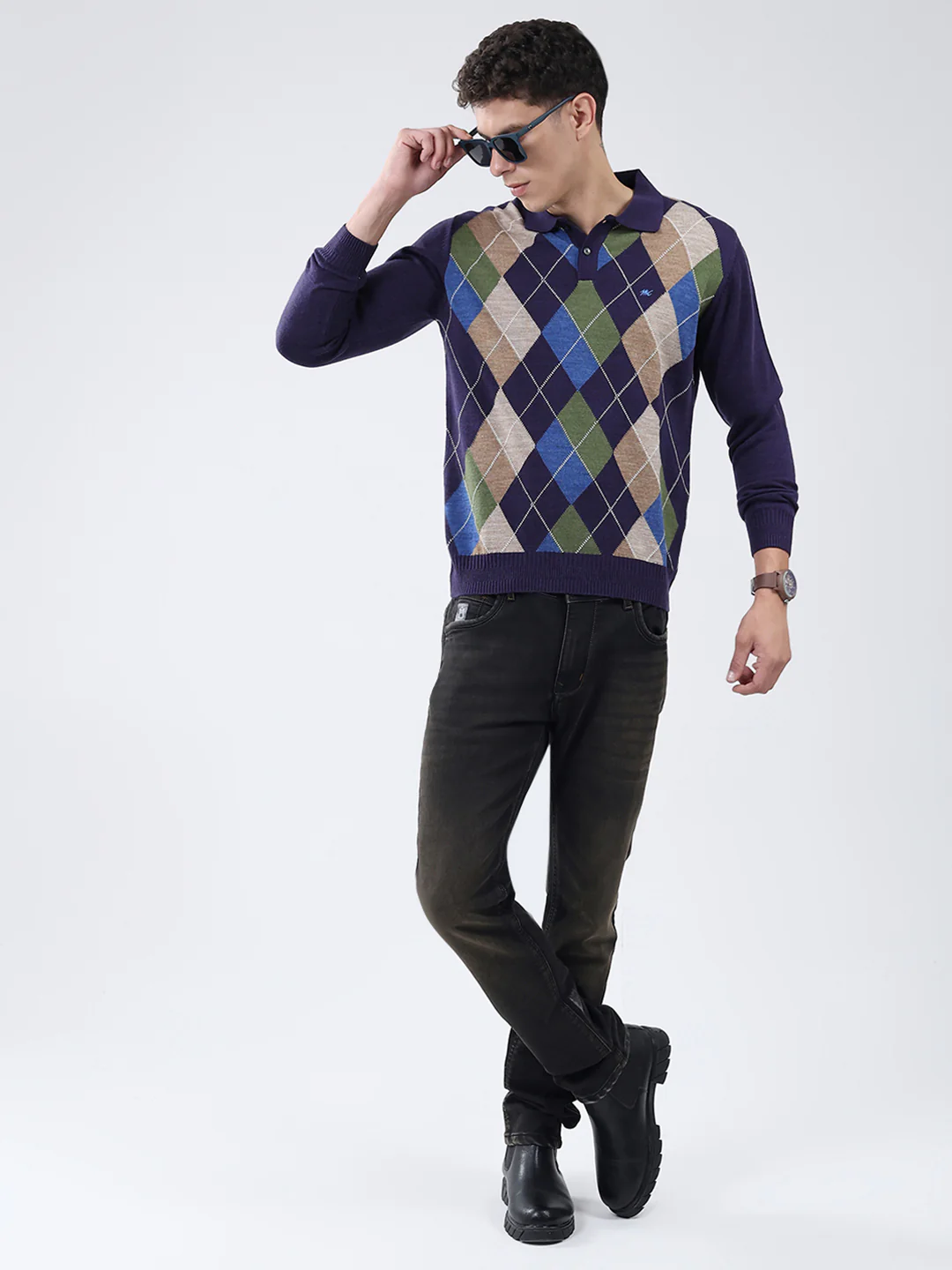 Men Purple Self Design Collar Full Sleeve Winter T-Shirt - Image 2