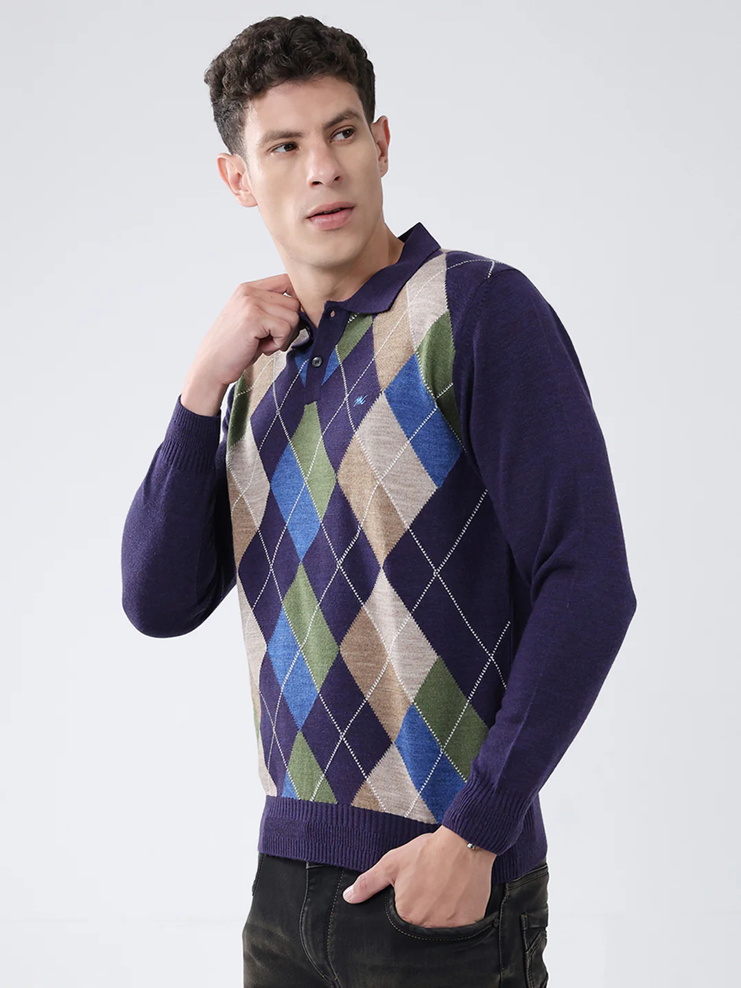 Men Purple Self Design Collar Full Sleeve Winter T-Shirt - Image 3