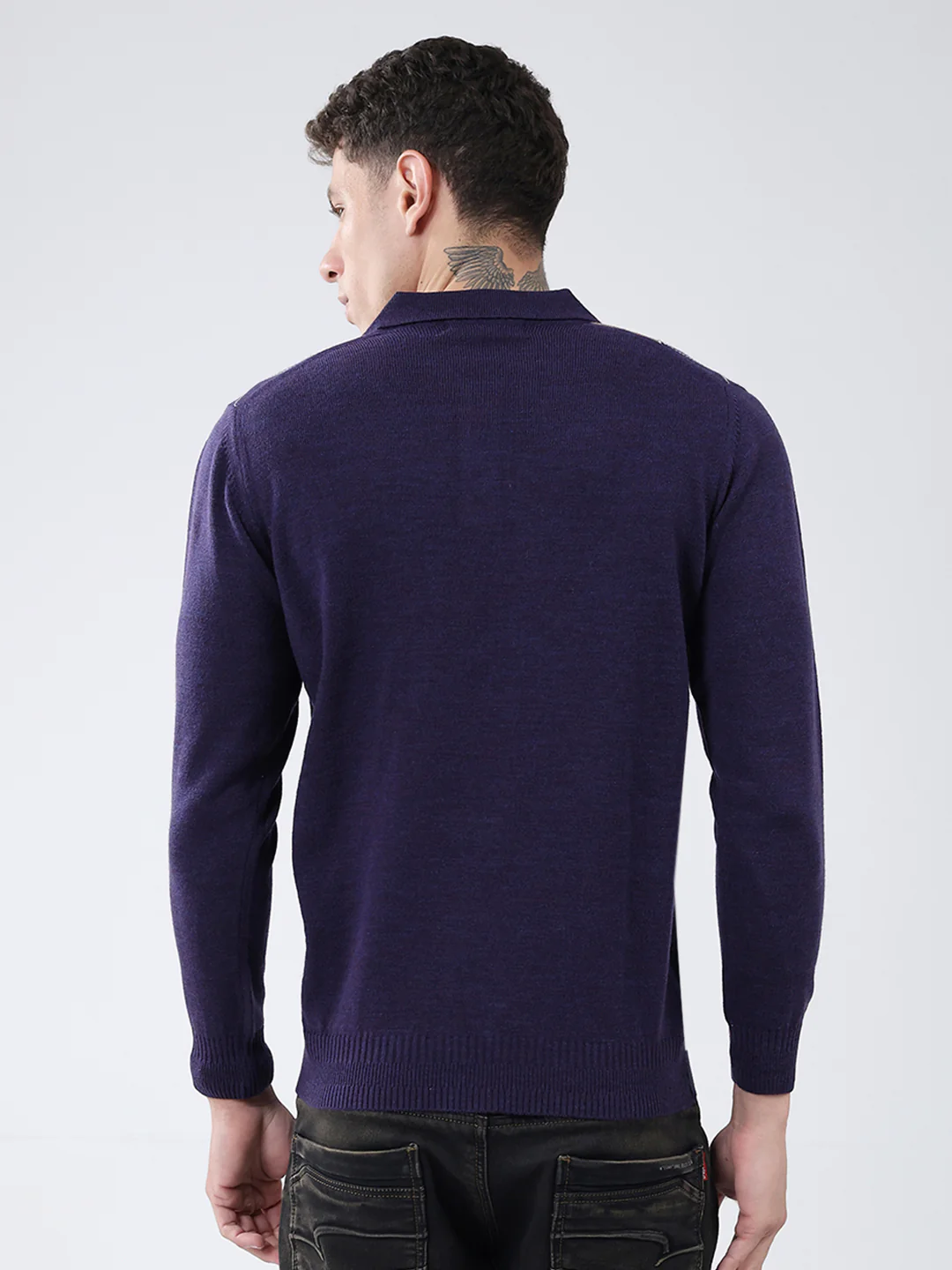 Men Purple Self Design Collar Full Sleeve Winter T-Shirt - Image 5