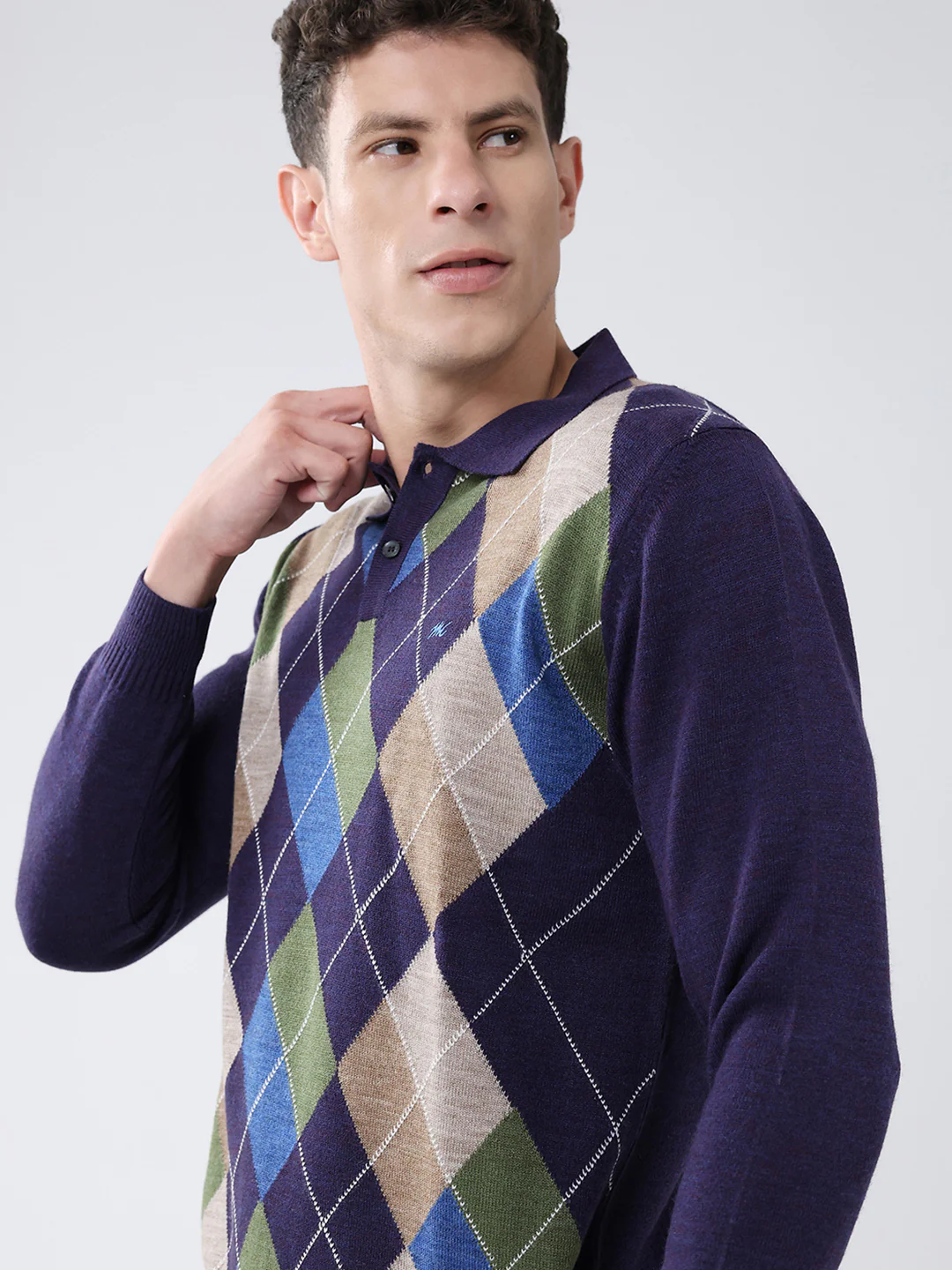 Men Purple Self Design Collar Full Sleeve Winter T-Shirt - Image 6