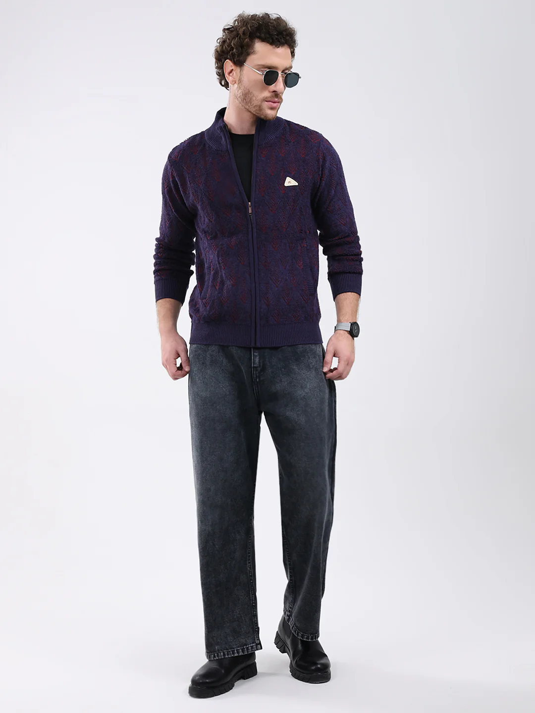 Men Purple Self Design Mock Neck Full Sleeve Pullover - Image 2