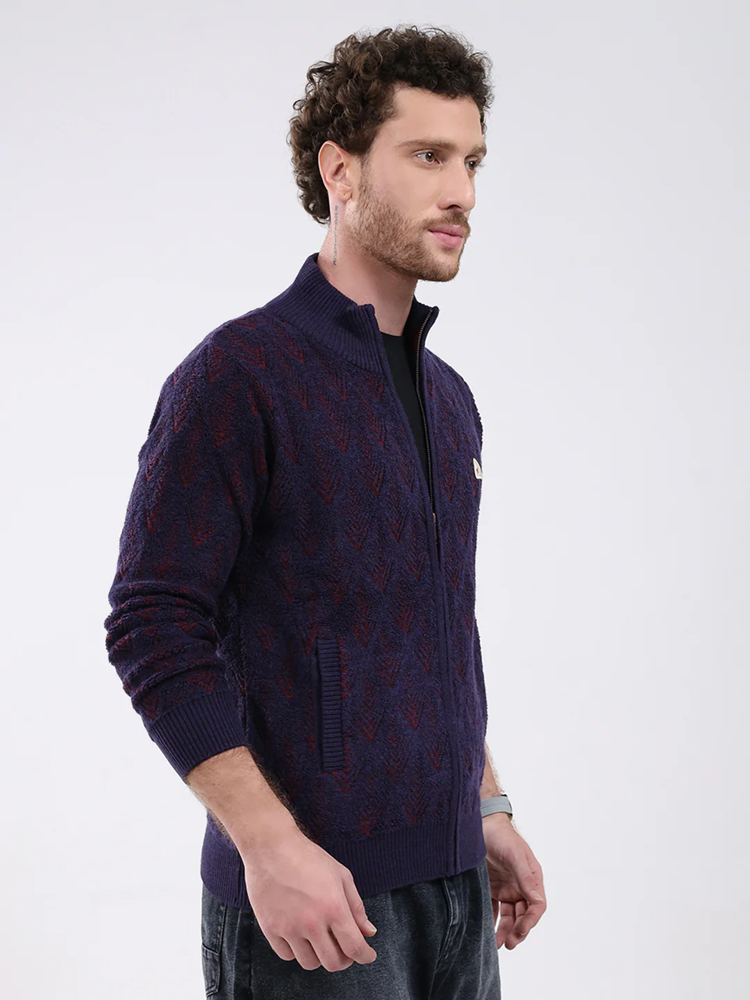 Men Purple Self Design Mock Neck Full Sleeve Pullover - Image 4