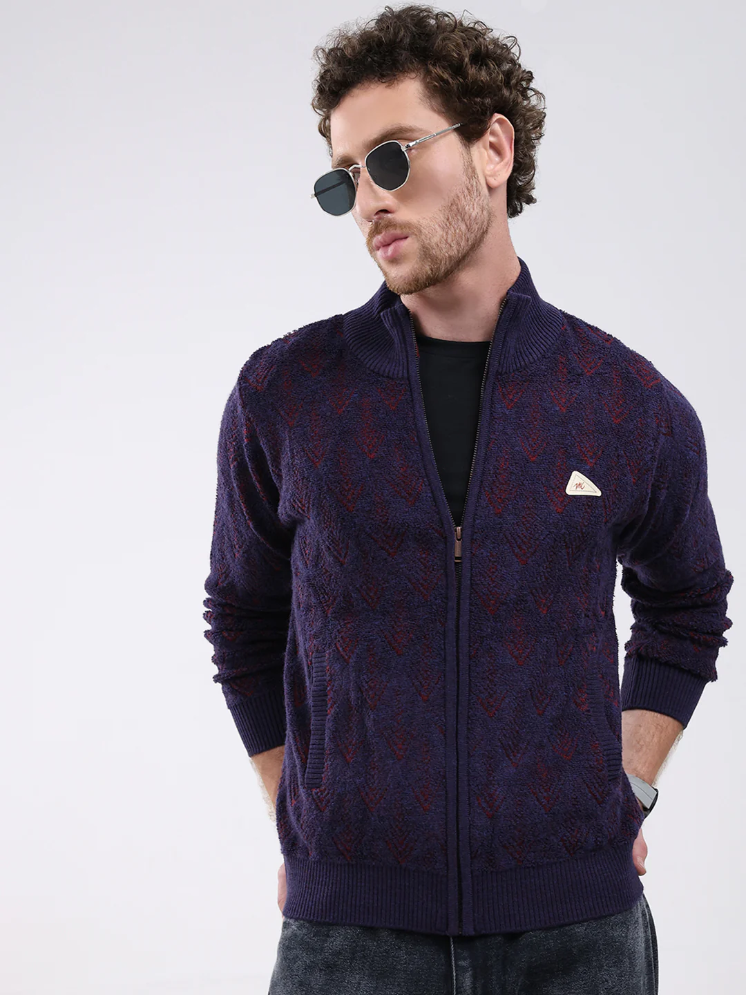 Men Purple Self Design Mock Neck Full Sleeve Pullover - Image 6