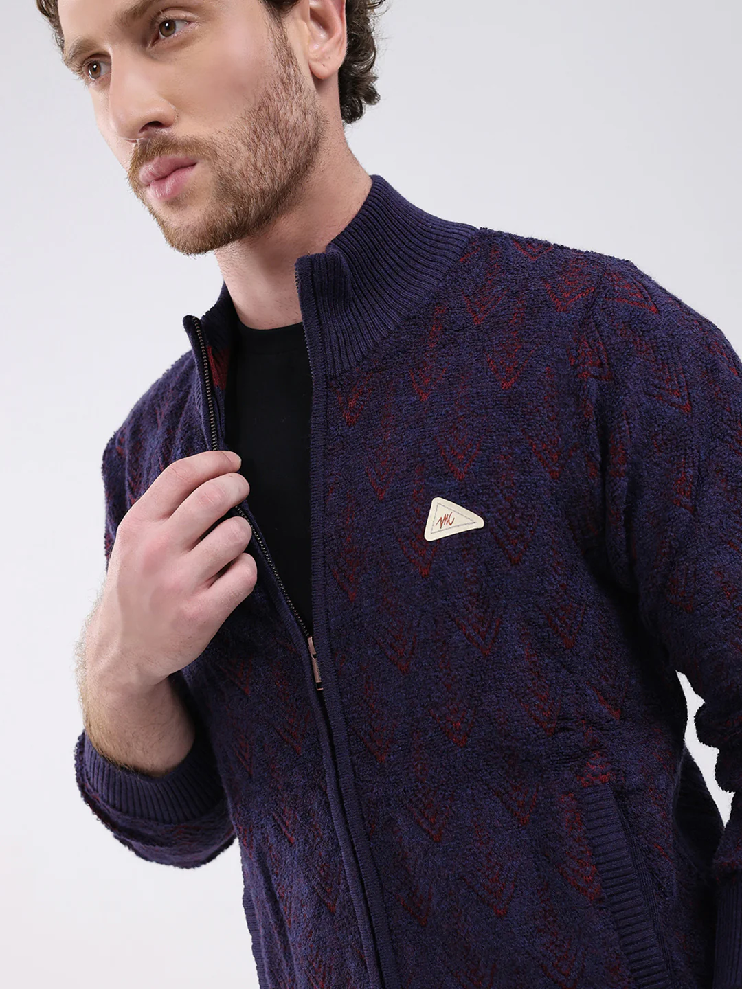 Men Purple Self Design Mock Neck Full Sleeve Pullover - Image 7