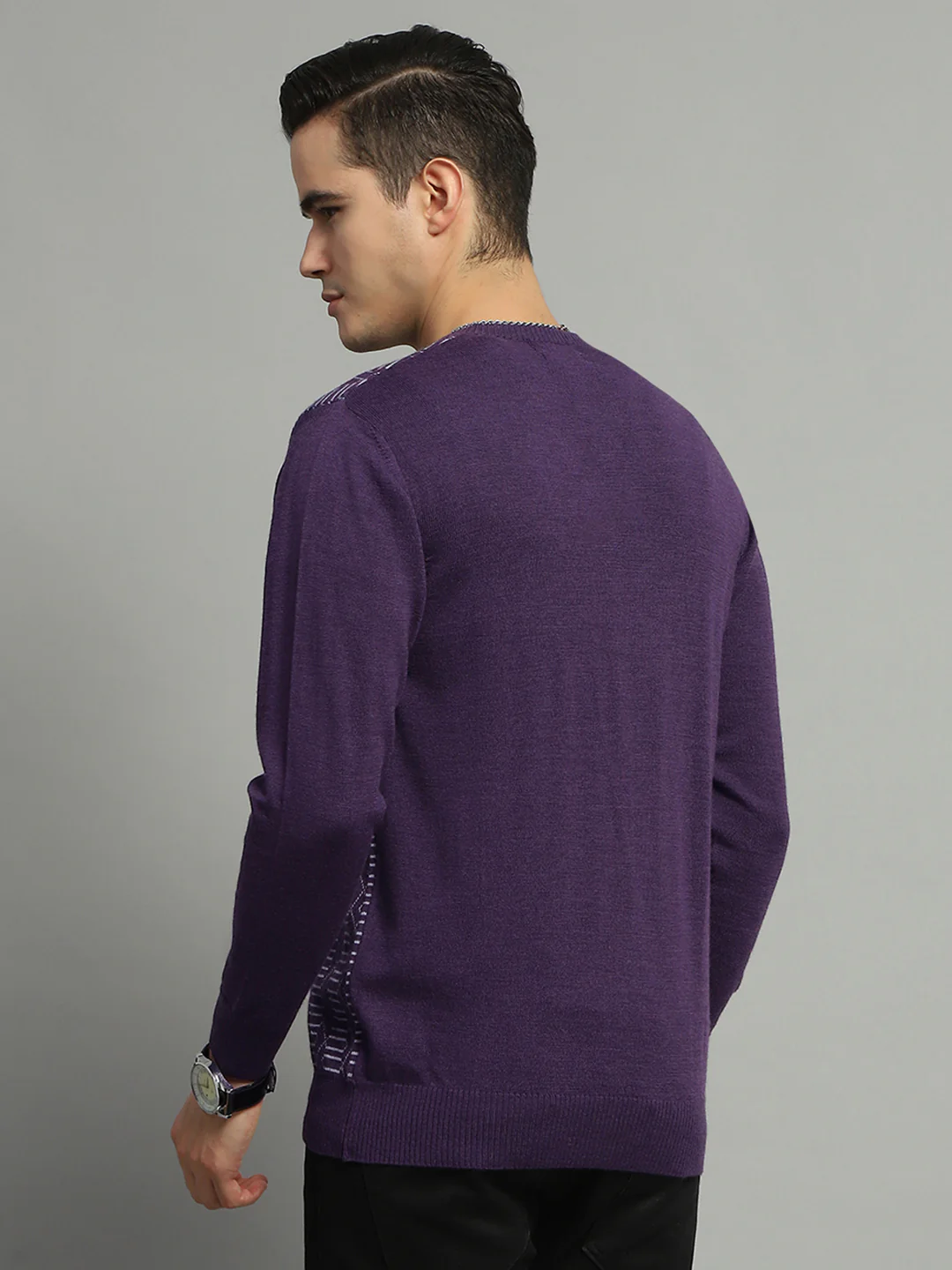 Luxuria Men Purple Self Design V Neck Full Sleeve Pullover - Image 5