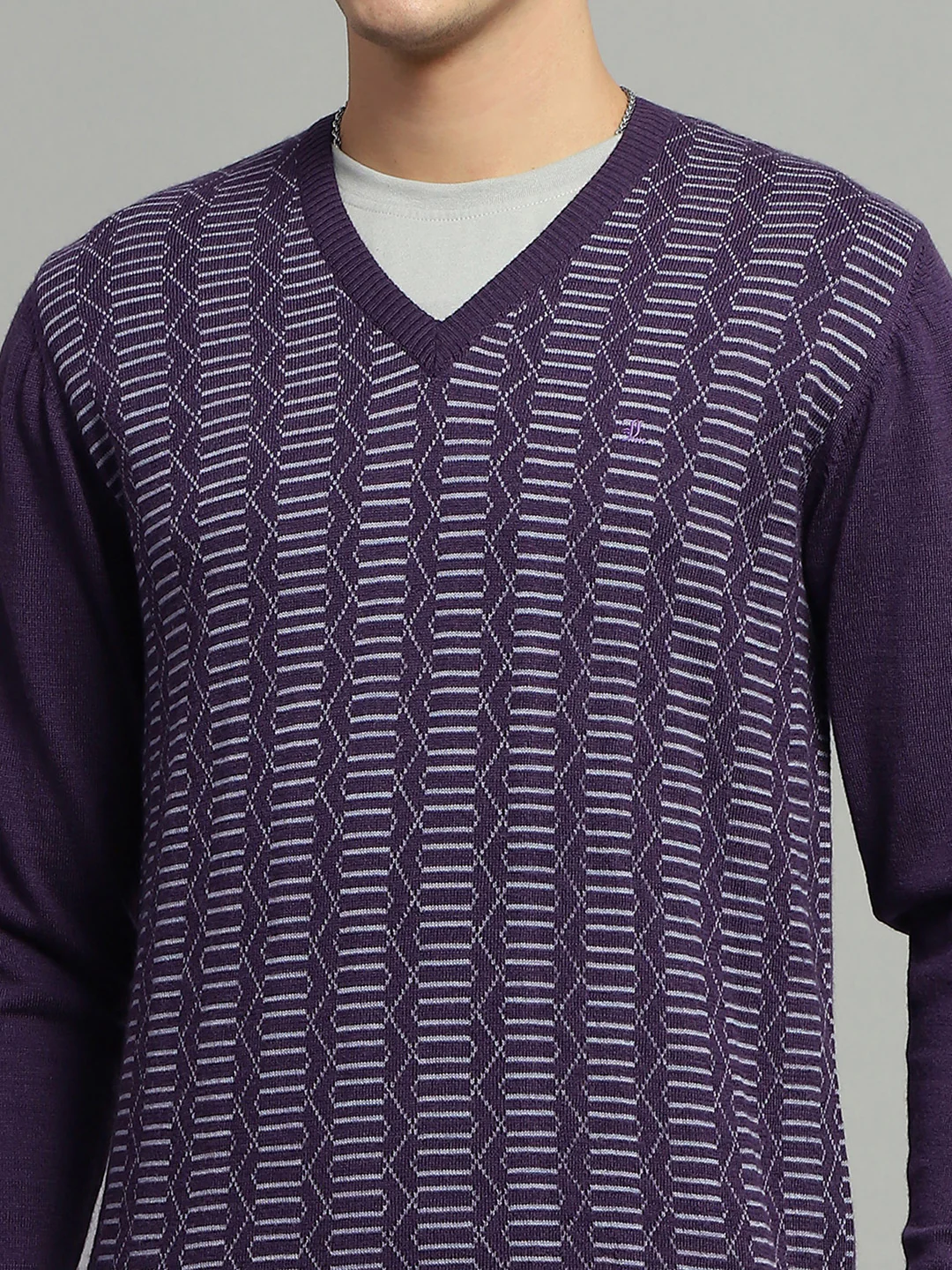 Luxuria Men Purple Self Design V Neck Full Sleeve Pullover - Image 7