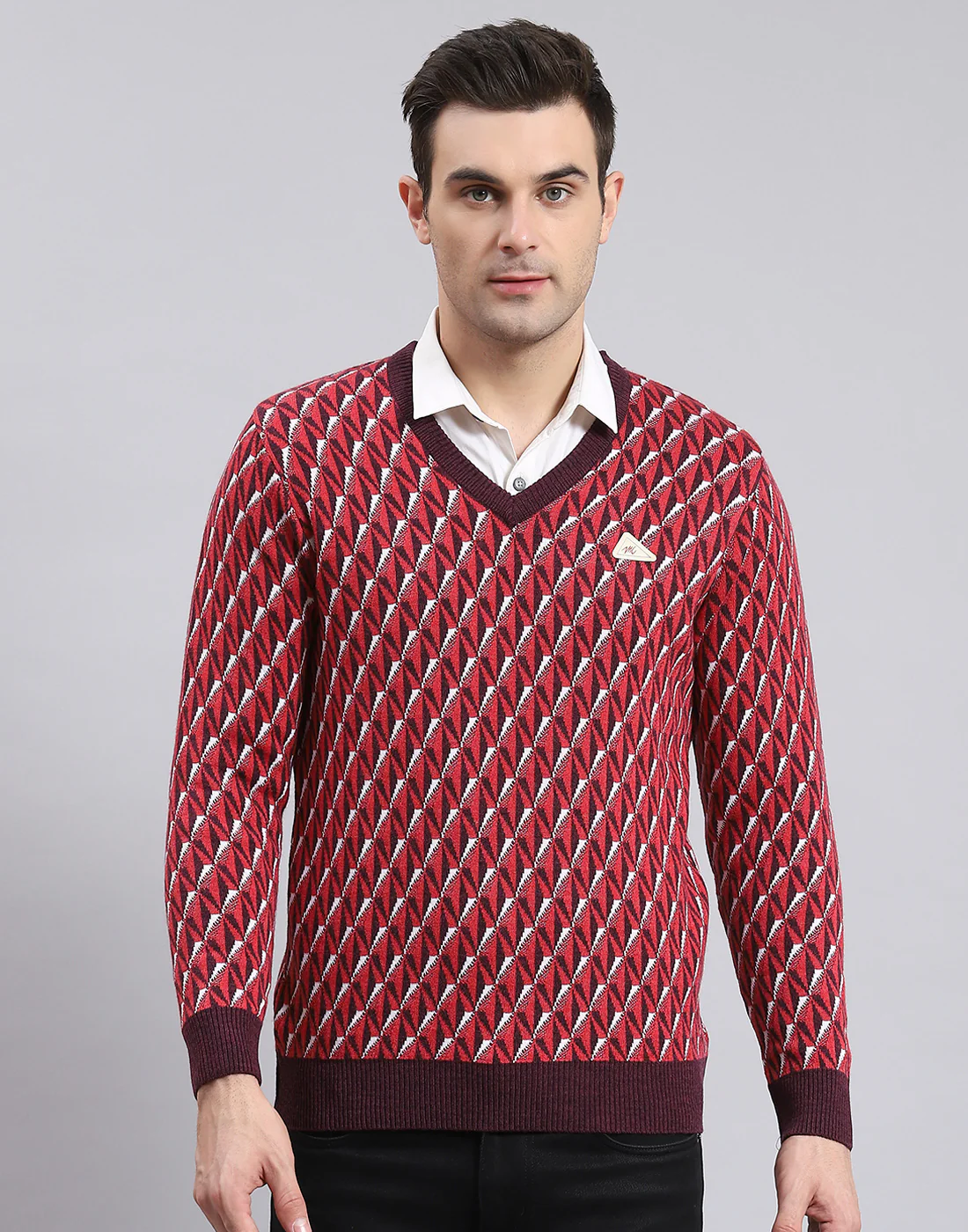 Men Purple Self Design V Neck Full Sleeve Sweater - Image 2