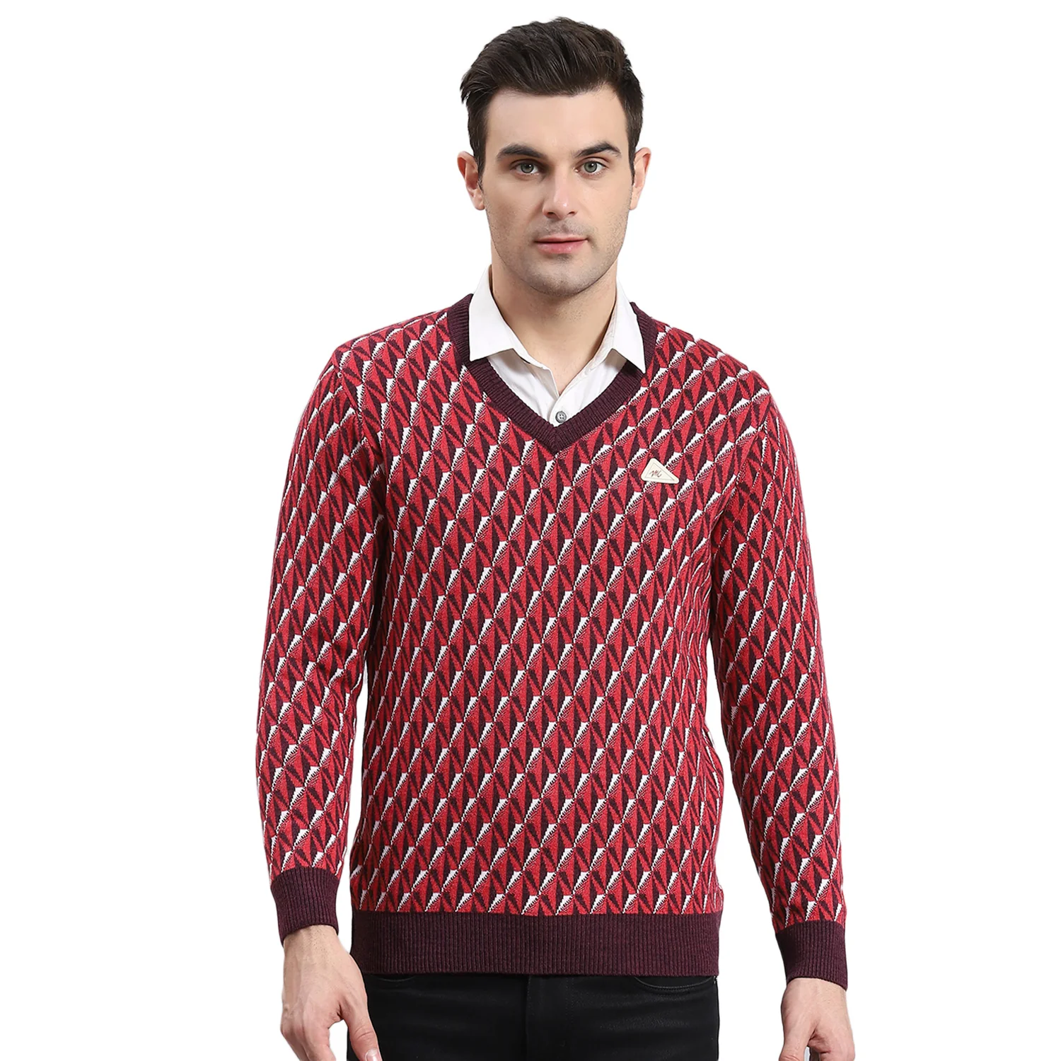 Men Purple Self Design V Neck Full Sleeve Sweater - Image 5