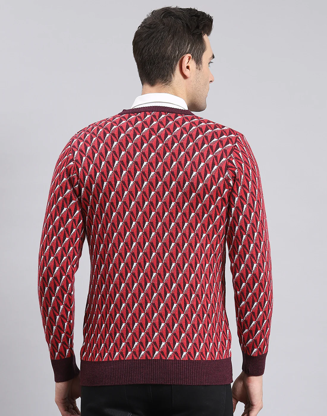 Men Purple Self Design V Neck Full Sleeve Sweater - Image 6