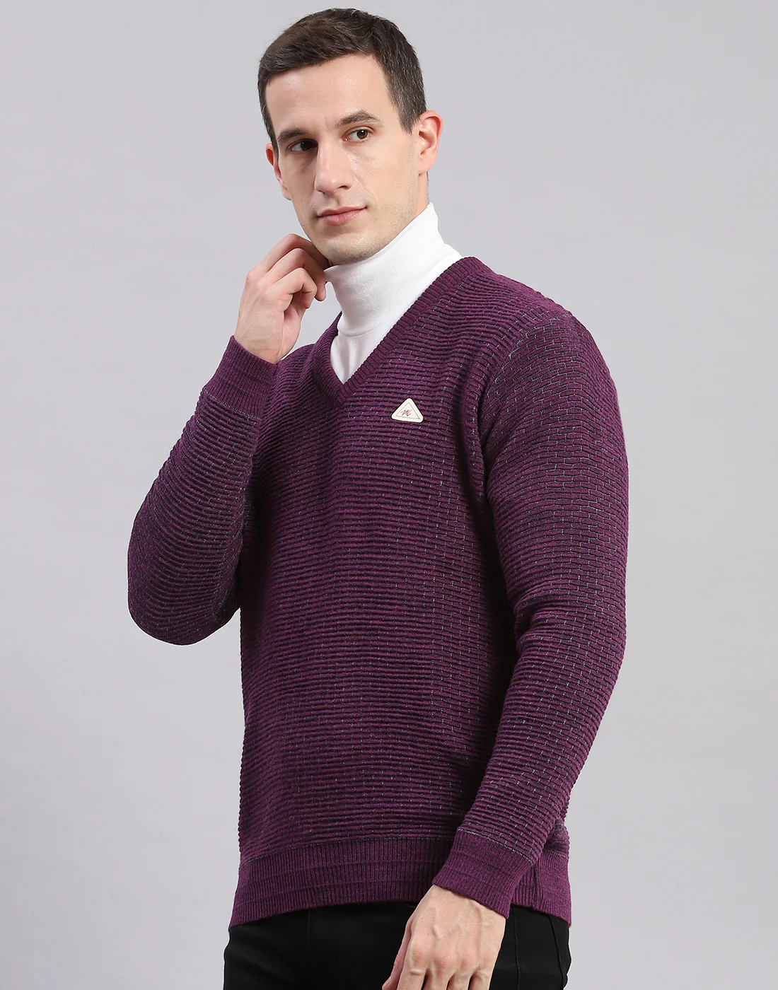 Men Purple Self Design V Neck Full Sleeve Sweaters/Pullovers - Image 3