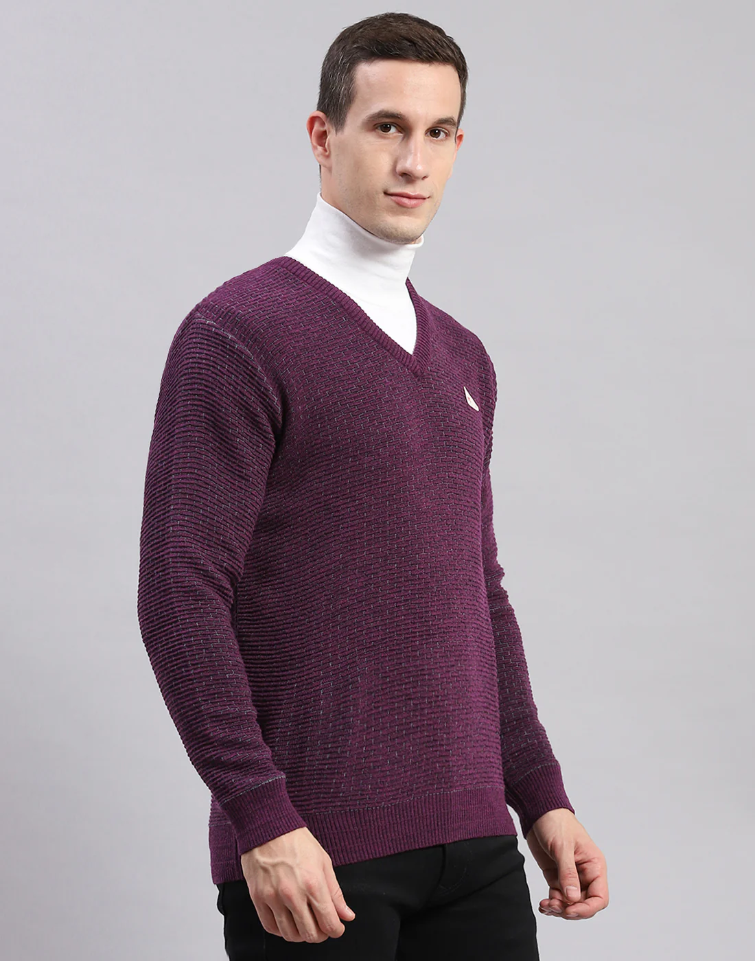 Men Purple Self Design V Neck Full Sleeve Sweaters/Pullovers - Image 4