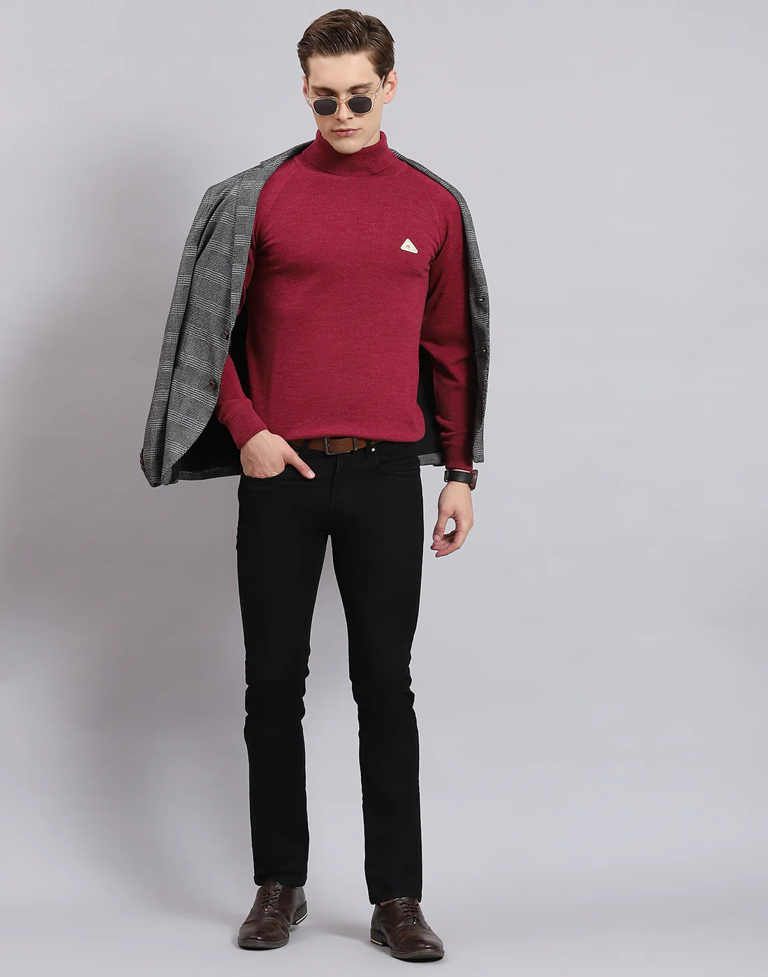 Men Purple Solid H Neck Full Sleeve Sweater - Image 2