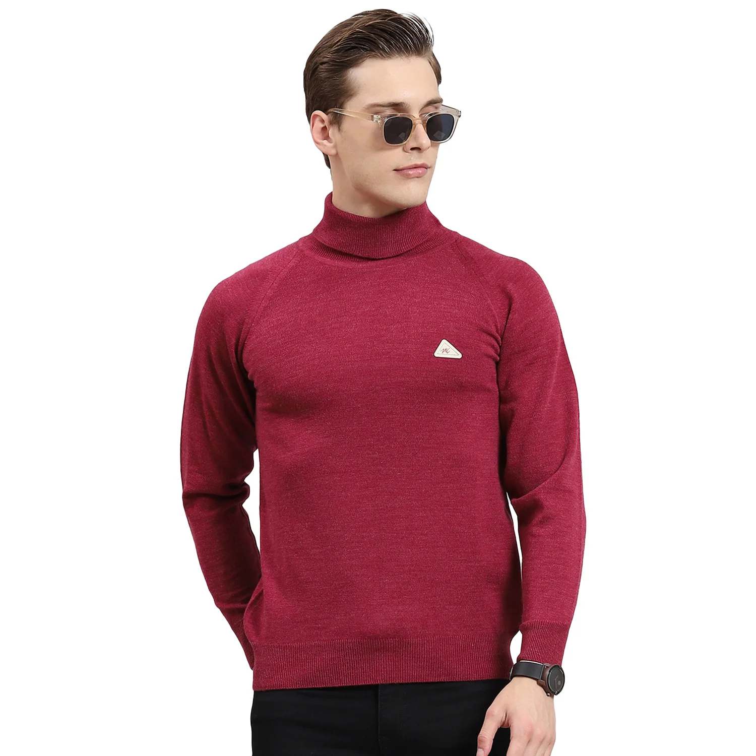 Men Purple Solid H Neck Full Sleeve Sweater - Image 5