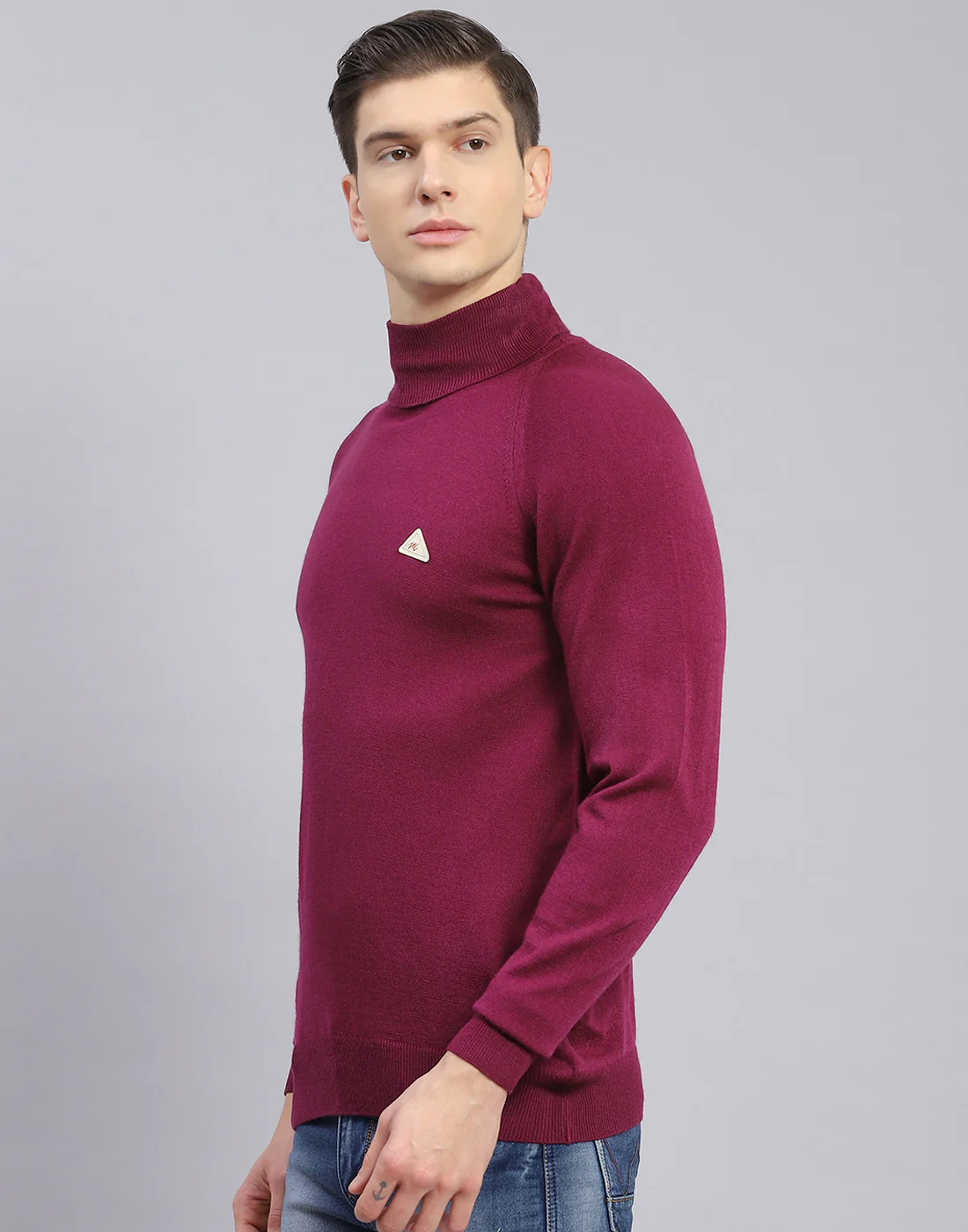 Men Purple Solid H Neck Full Sleeve Sweater - Image 4