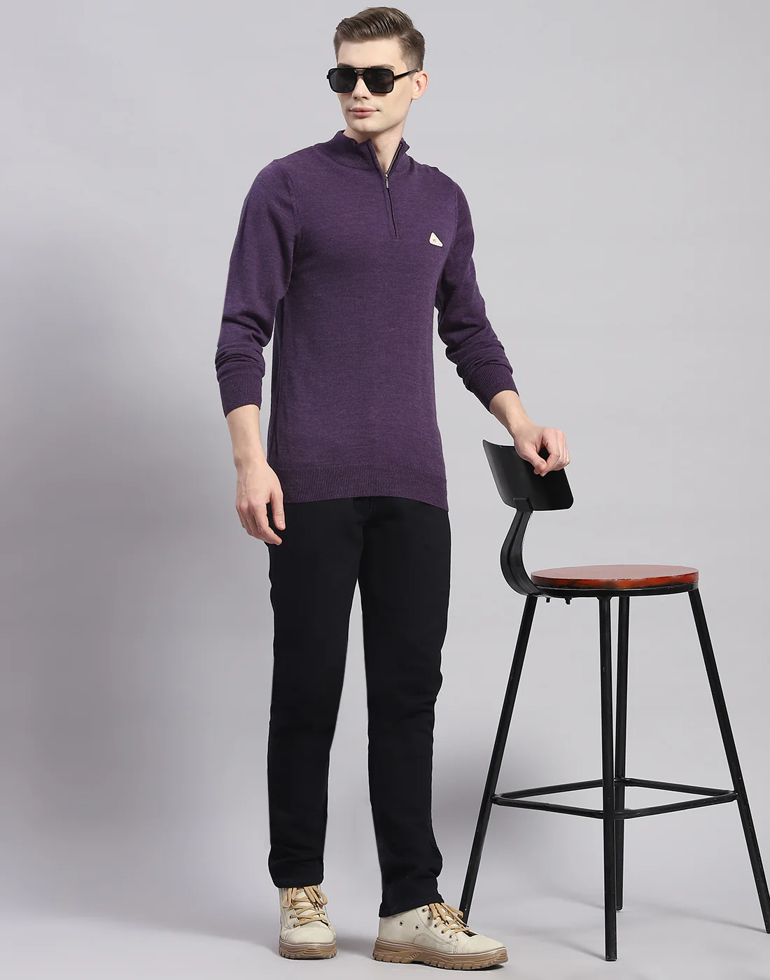Men Purple Solid High Neck Full Sleeve Pullover - Image 3