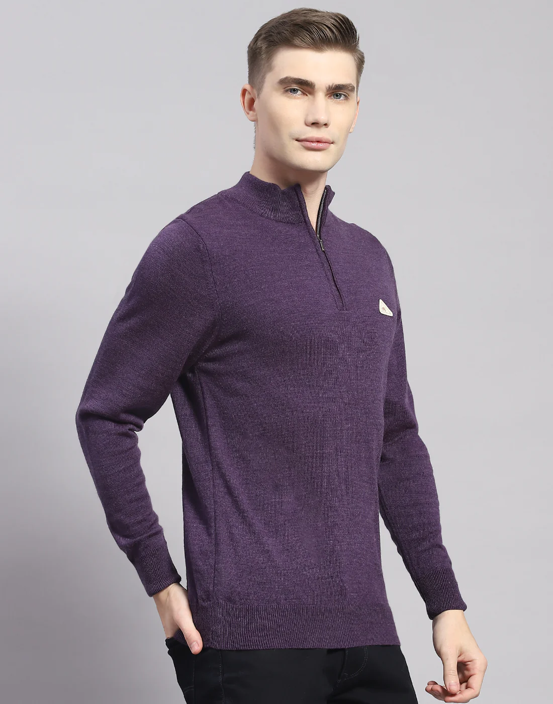 Men Purple Solid High Neck Full Sleeve Pullover - Image 5