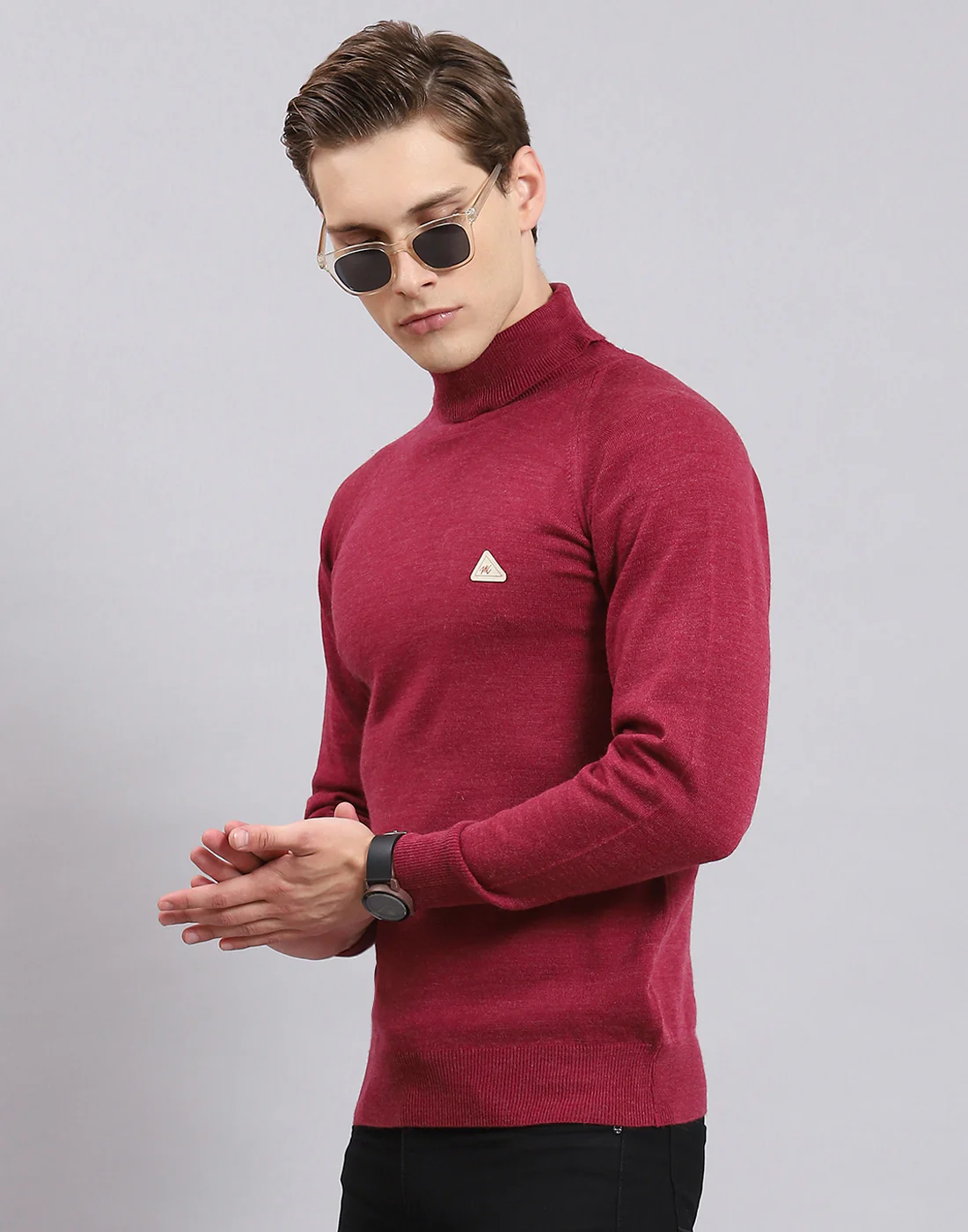 Men Purple Solid High Neck Full Sleeve Pullover - Image 3