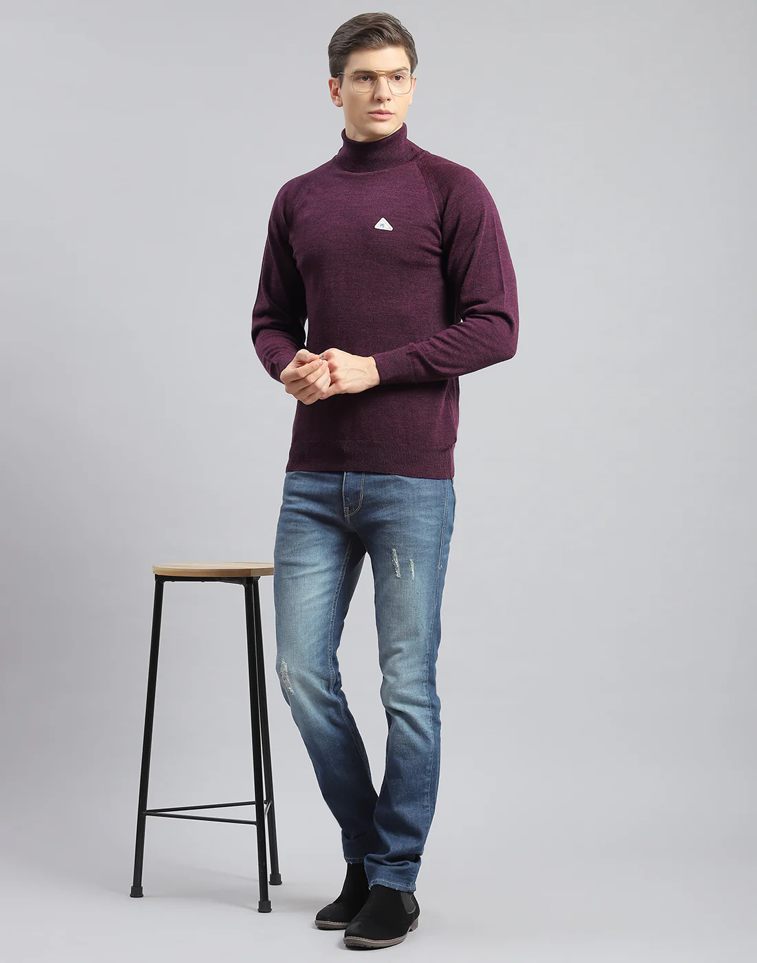 Men Purple Solid High Neck Full Sleeve Pullover - Image 2